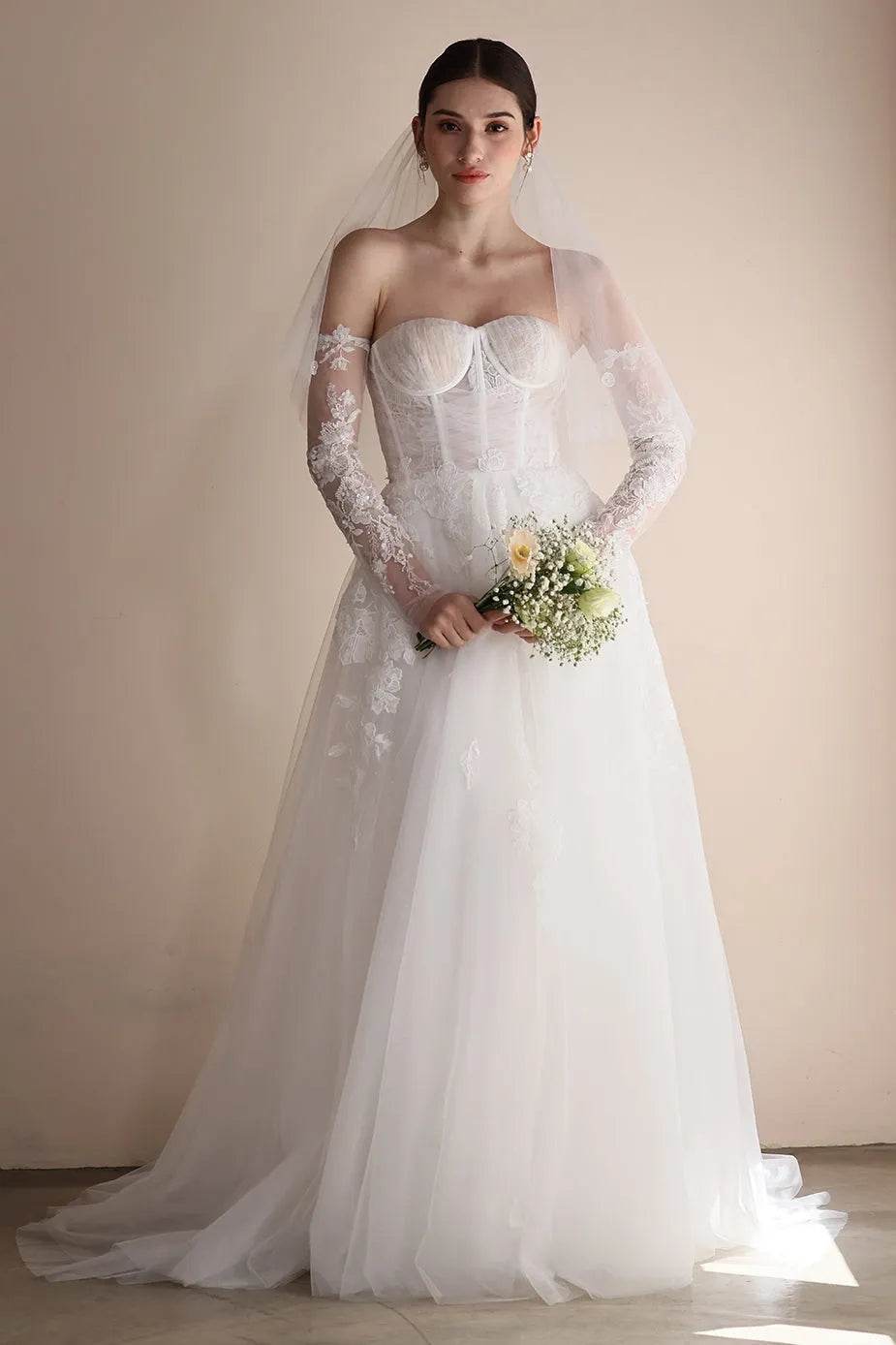 A-Line Sweep-Brush Train Lace Tulle Wedding Dress CW3552