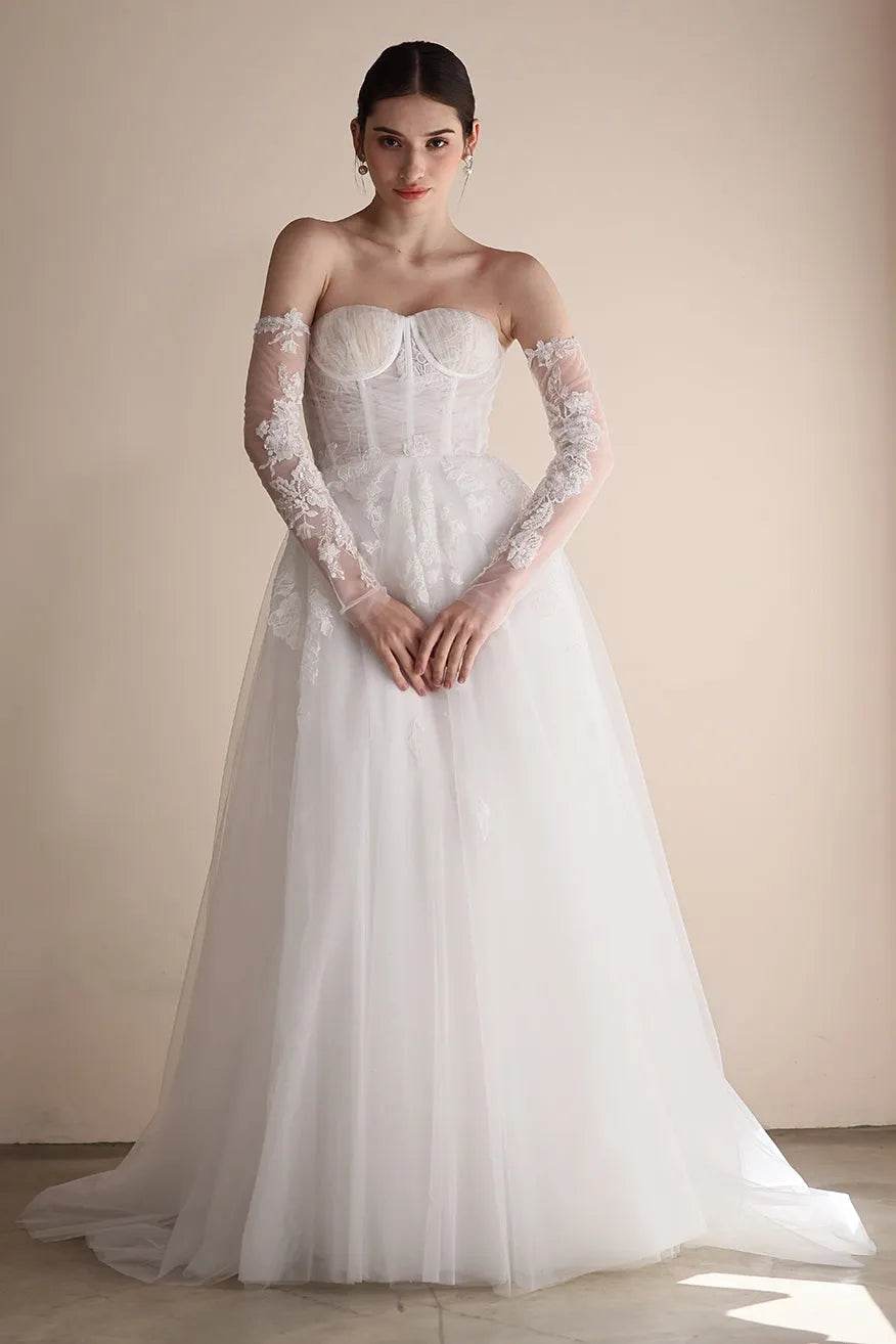 A-Line Sweep-Brush Train Lace Tulle Wedding Dress CW3552