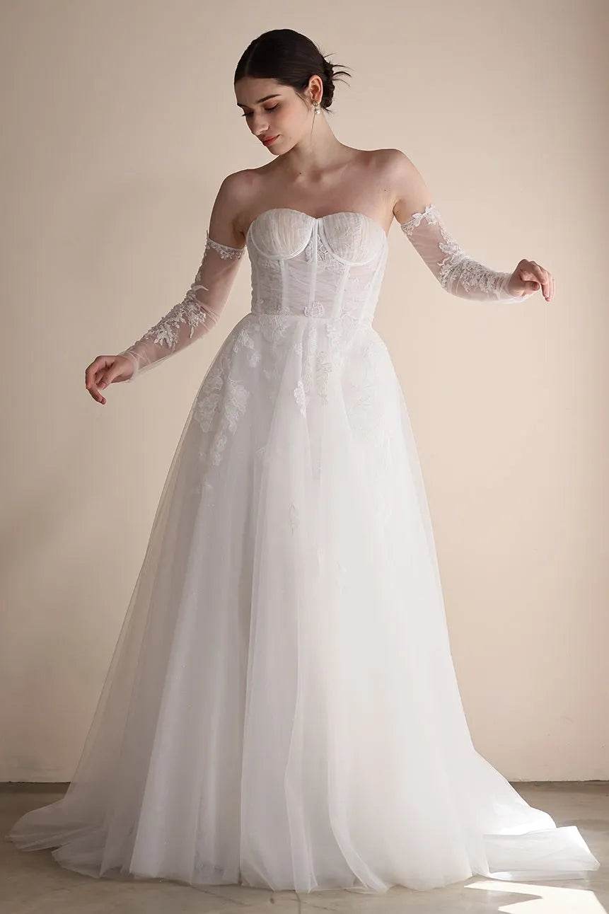 A-Line Sweep-Brush Train Lace Tulle Wedding Dress CW3552