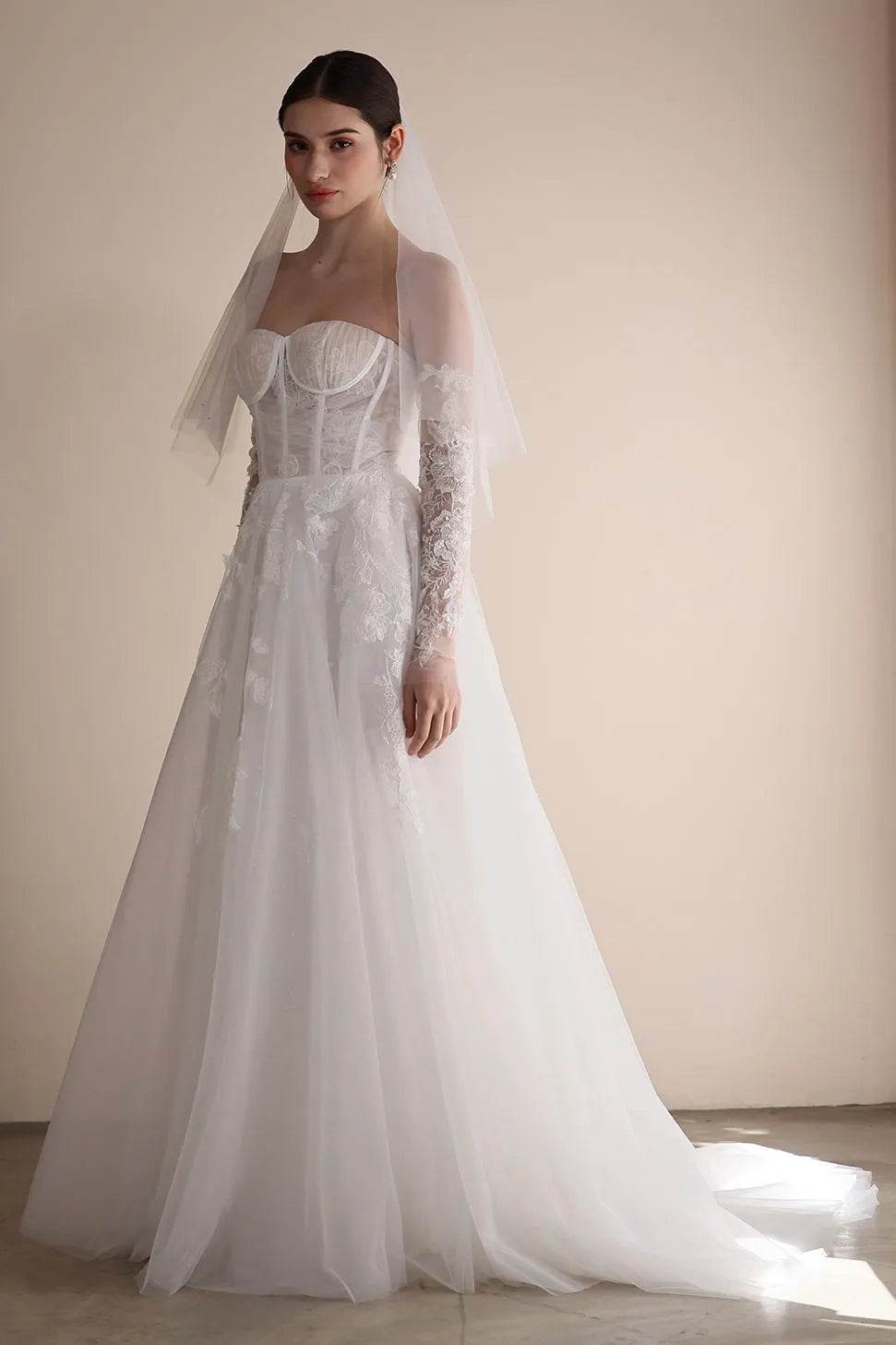 A-Line Sweep-Brush Train Lace Tulle Wedding Dress CW3552