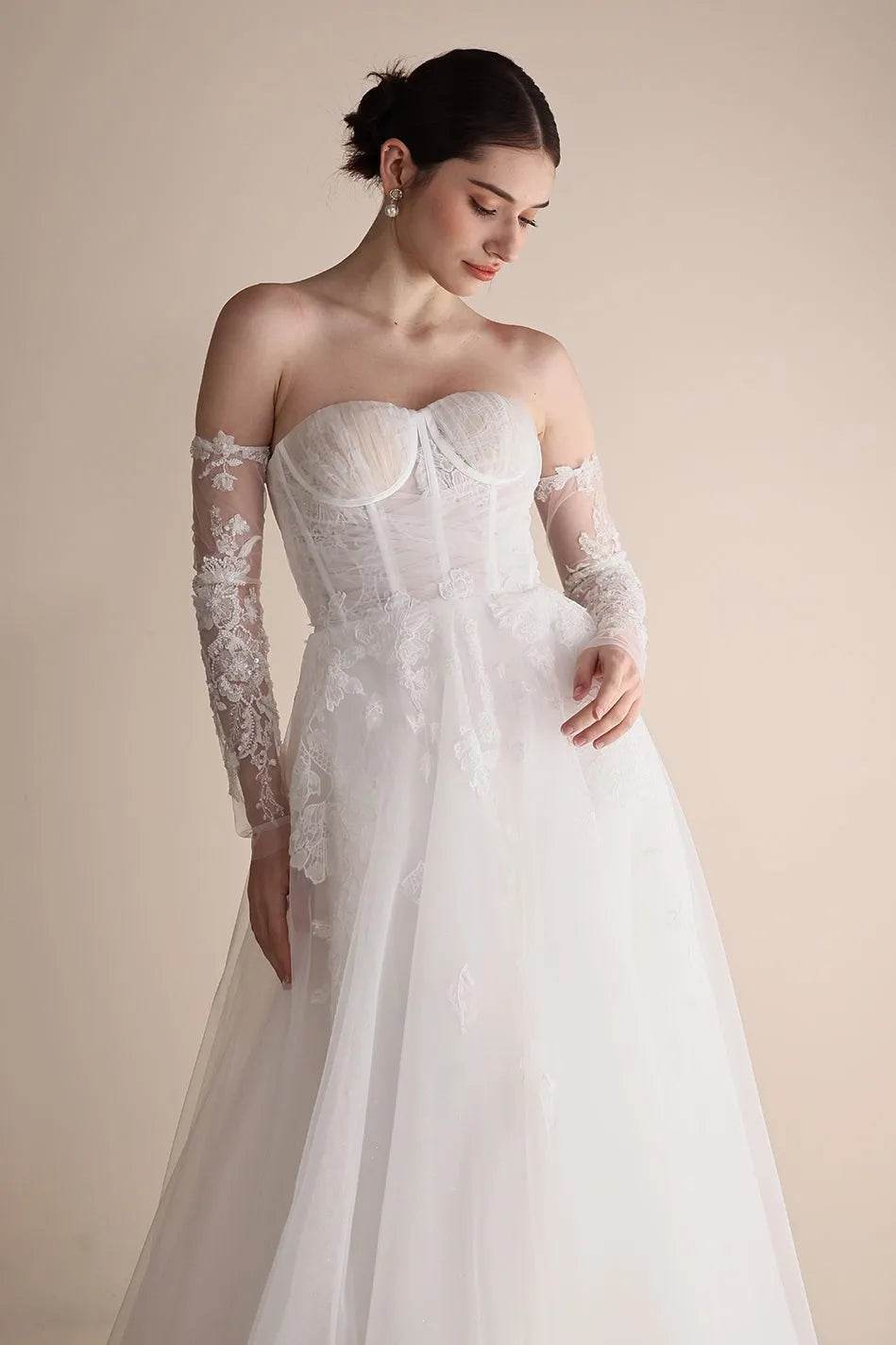 A-Line Sweep-Brush Train Lace Tulle Wedding Dress CW3552