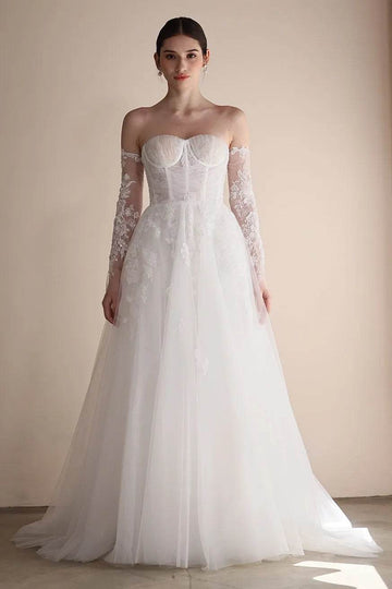 A-Line Sweep-Brush Train Lace Tulle Wedding Dress CW3552