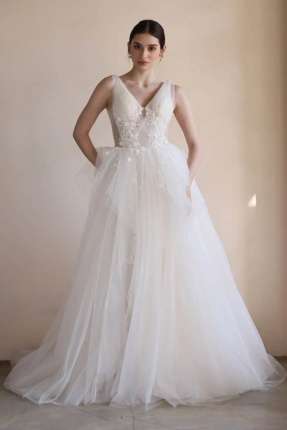 A-Line Sweep-Brush Train Lace Tulle Wedding Dress CW3555