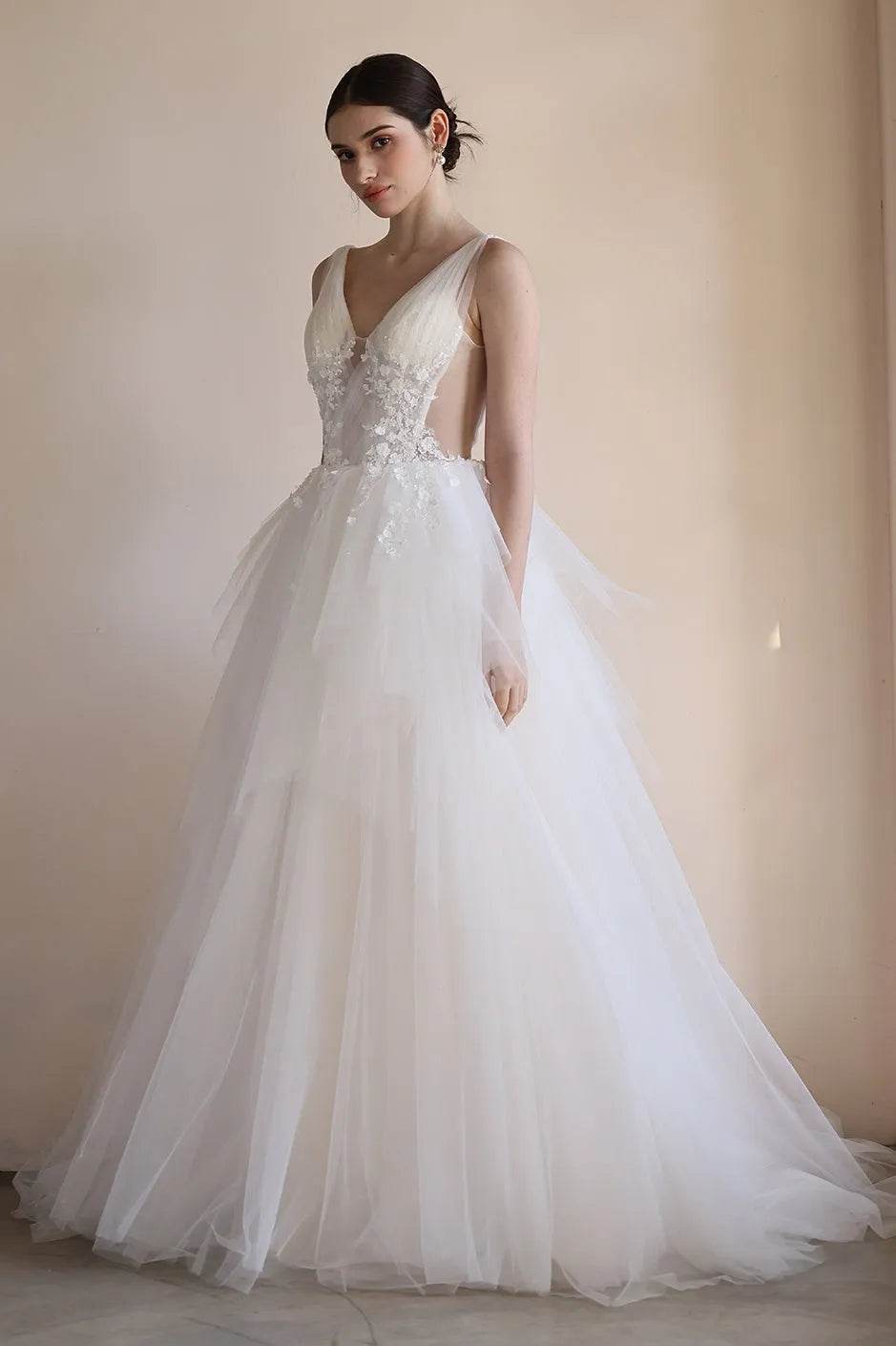 A-Line Sweep-Brush Train Lace Tulle Wedding Dress CW3555