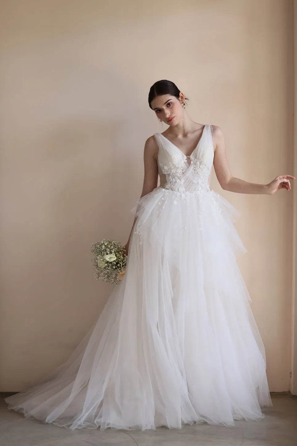 A-Line Sweep-Brush Train Lace Tulle Wedding Dress CW3555