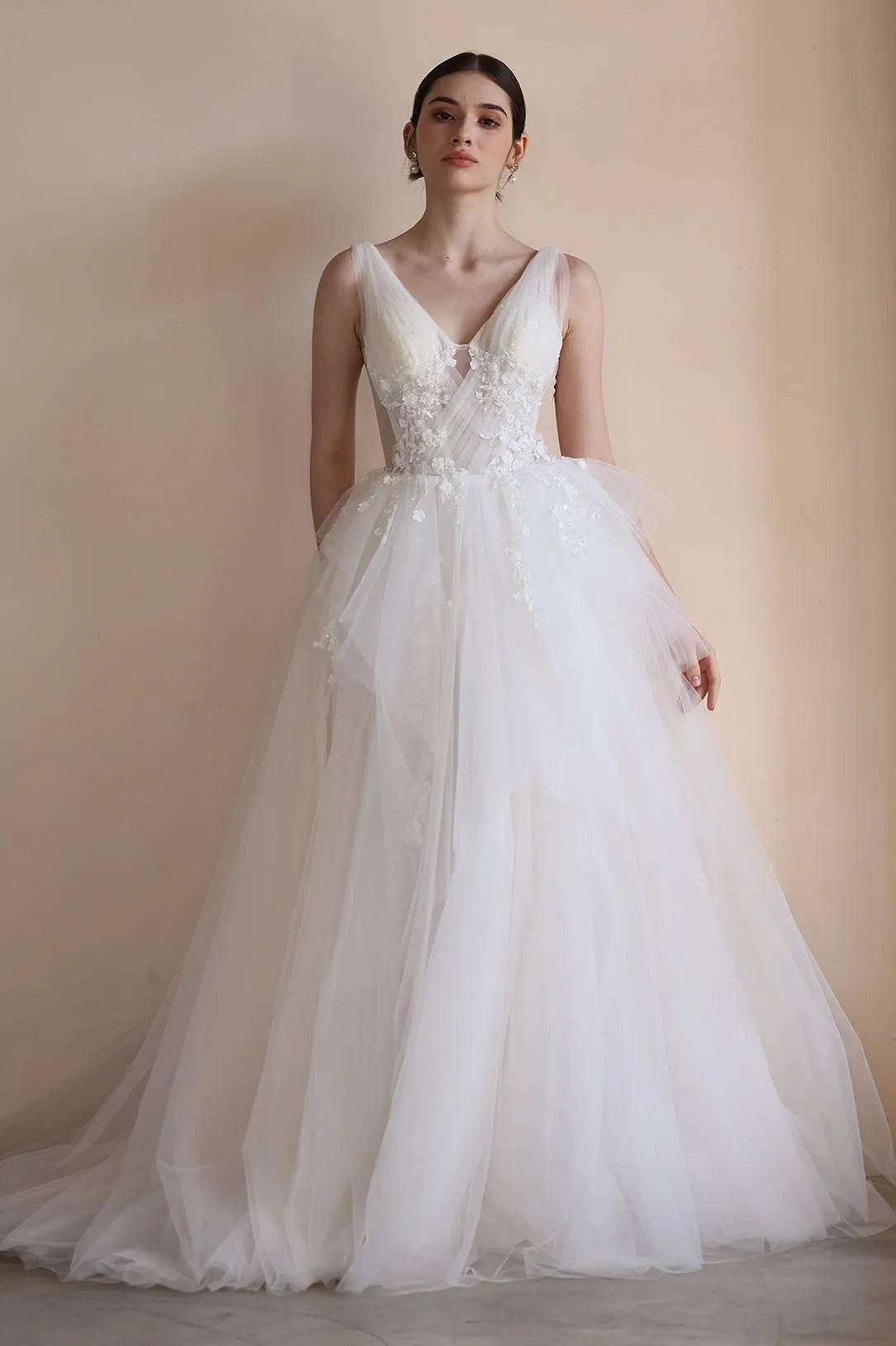 A-Line Sweep-Brush Train Lace Tulle Wedding Dress CW3555
