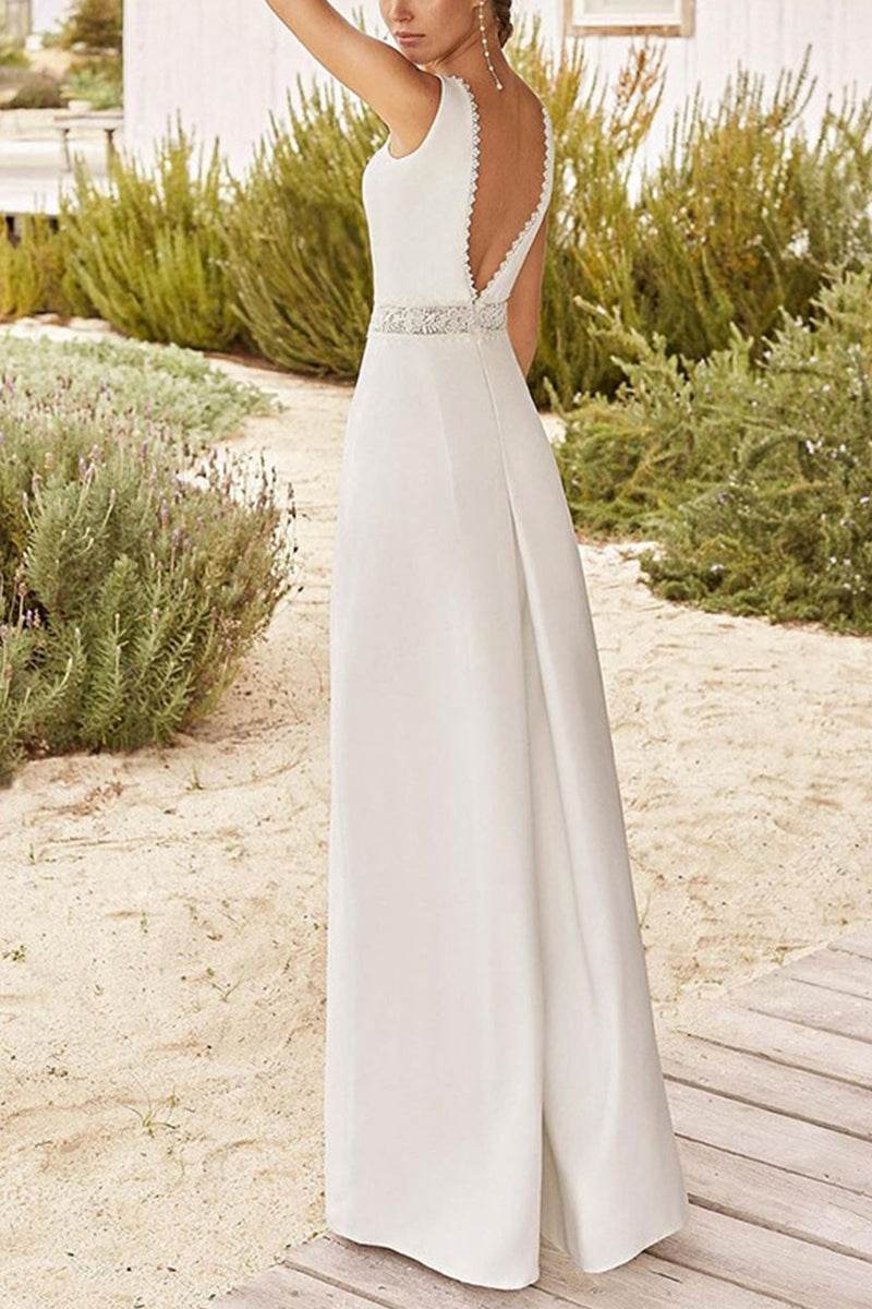 V-Neck Floor Length Chiffon Wedding Jumpsuit CW3557