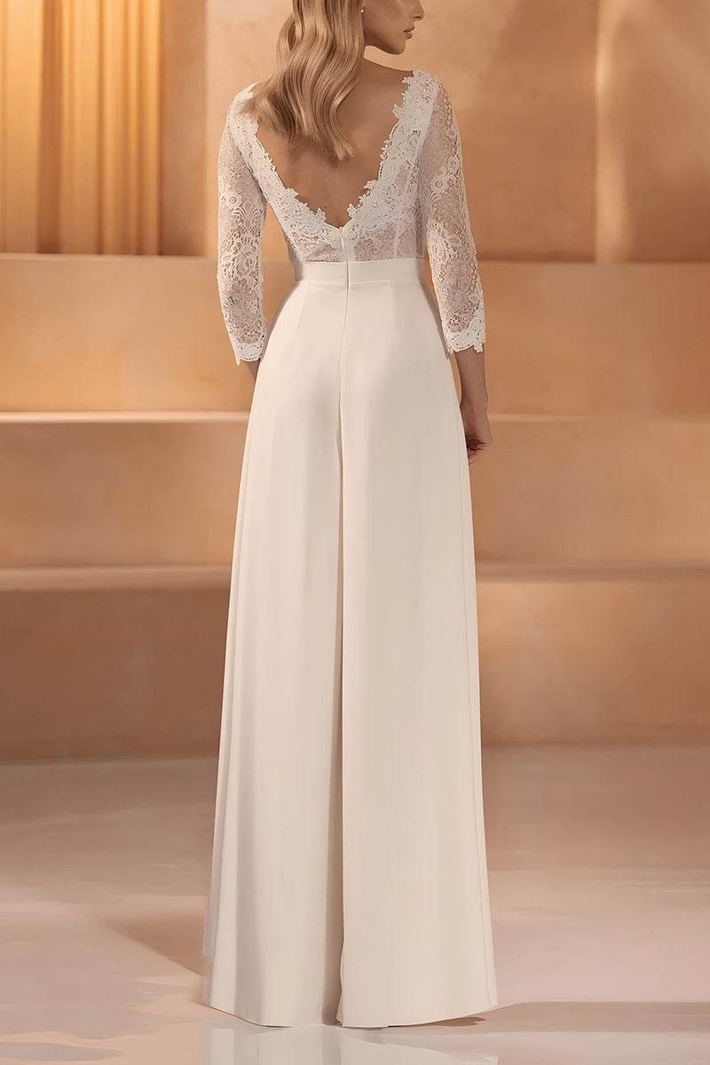 V-Neck Floor Length Lace Chiffon Wedding Jumpsuit CW3561
