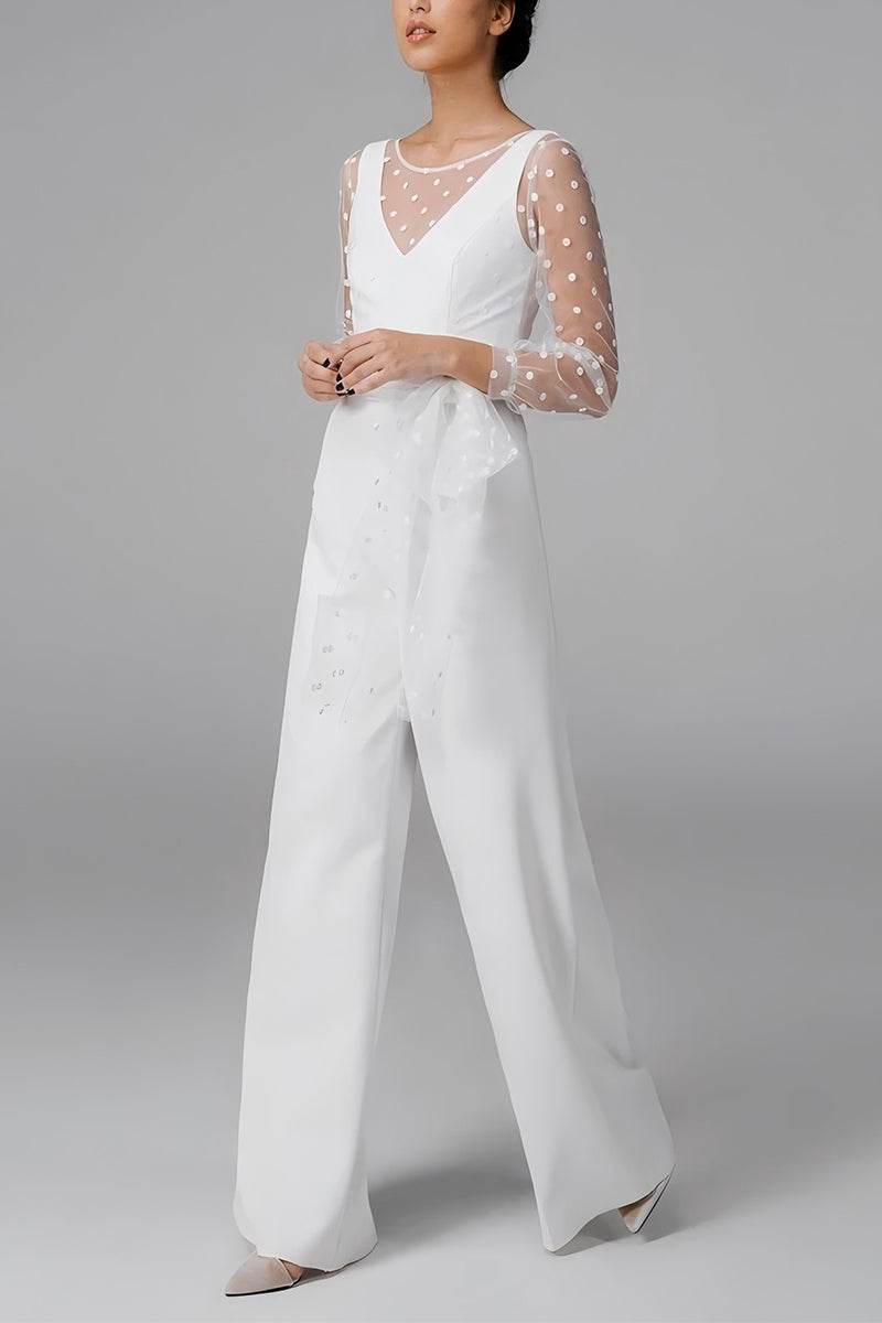 Scoop Floor Length Dot Tulle Elastic Cloth Wedding Jumpsuit CW3562