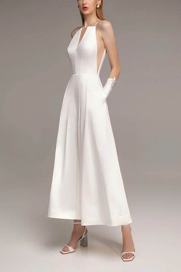 V-Neck Tea Length Stretch Satin Wedding Jumpsuit CW3563