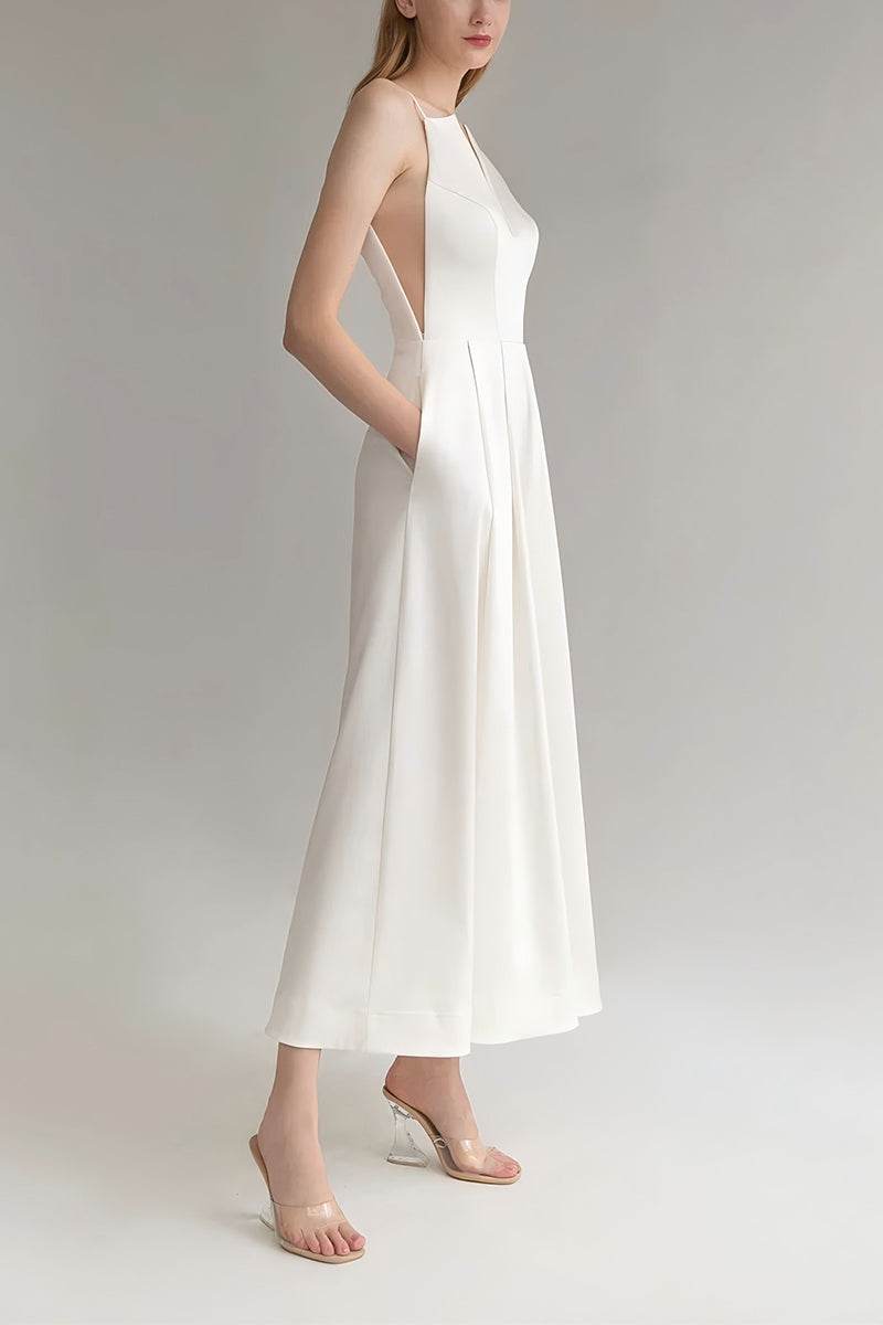 V-Neck Tea Length Stretch Satin Wedding Jumpsuit CW3563