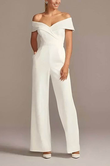 Off The Shoulder Floor Length Elastic Cloth Wedding Jumpsuit CW3566