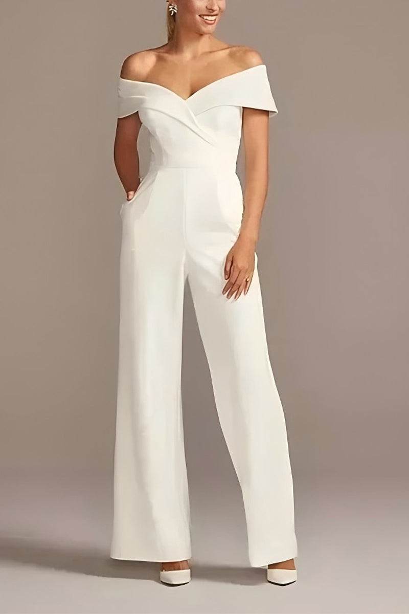 Off The Shoulder Floor Length Elastic Cloth Wedding Jumpsuit CW3566