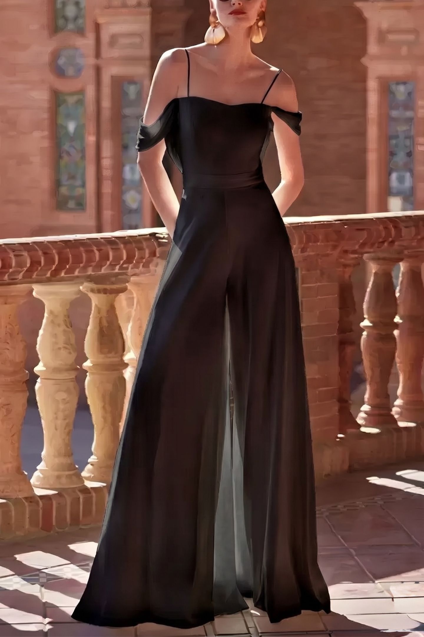 Off The Shoulder Floor Length Chiffon Wedding Jumpsuit CW3568
