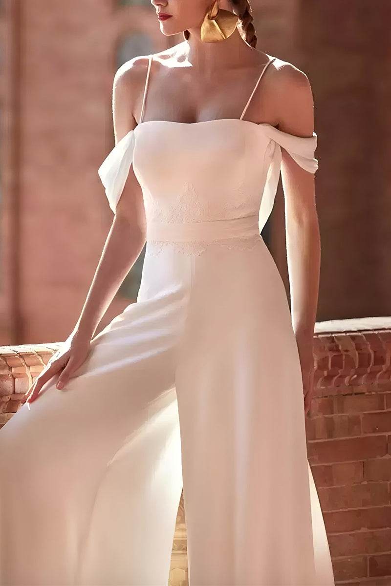 Off The Shoulder Floor Length Chiffon Wedding Jumpsuit CW3568