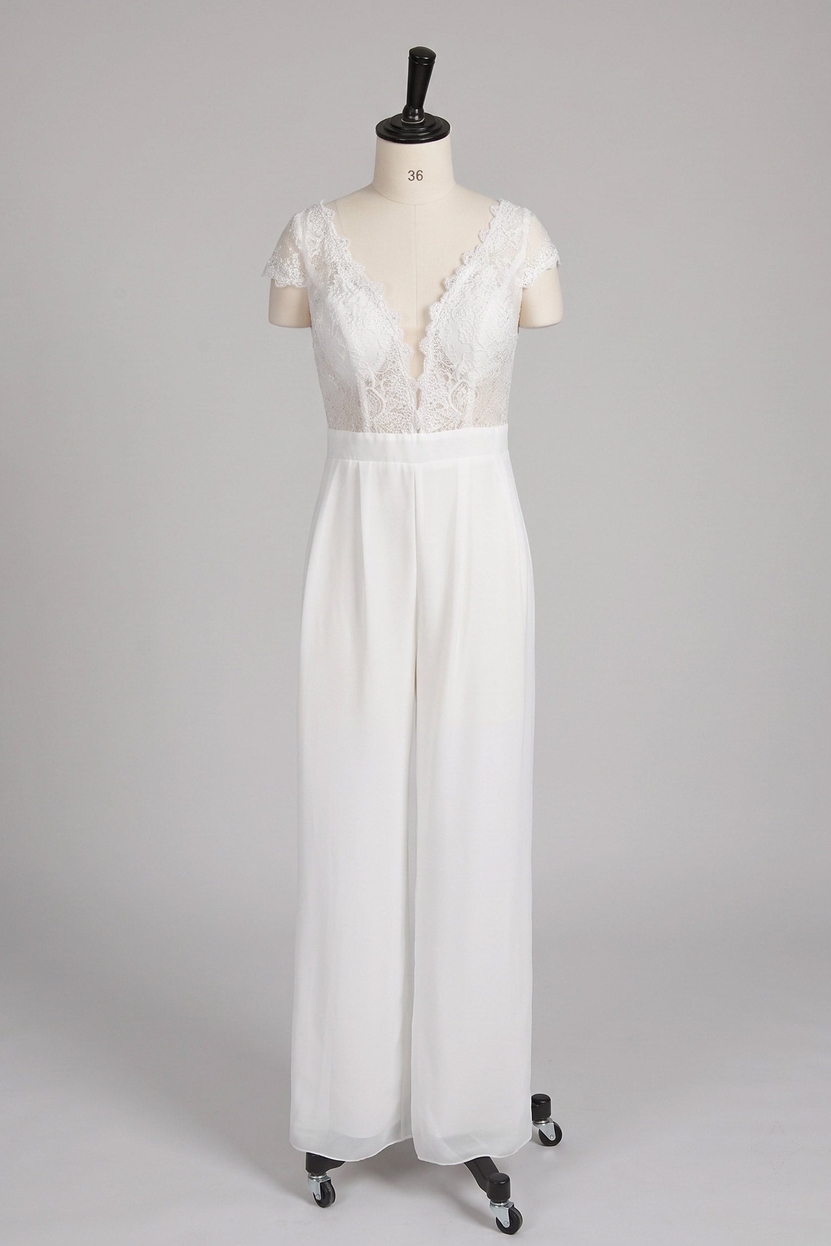 V-Neck Floor Length Lace Chiffon Wedding Jumpsuit CW3569