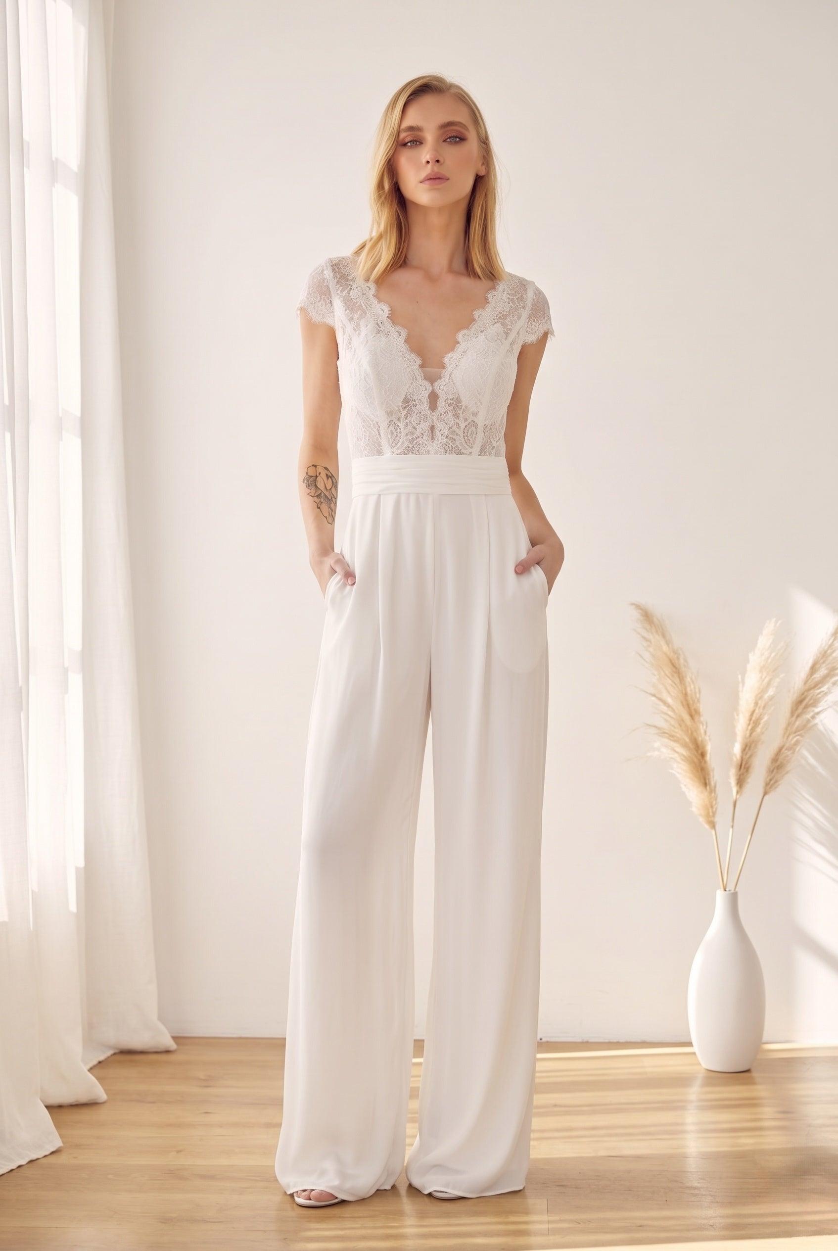 V-Neck Floor Length Lace Chiffon Wedding Jumpsuit CW3569