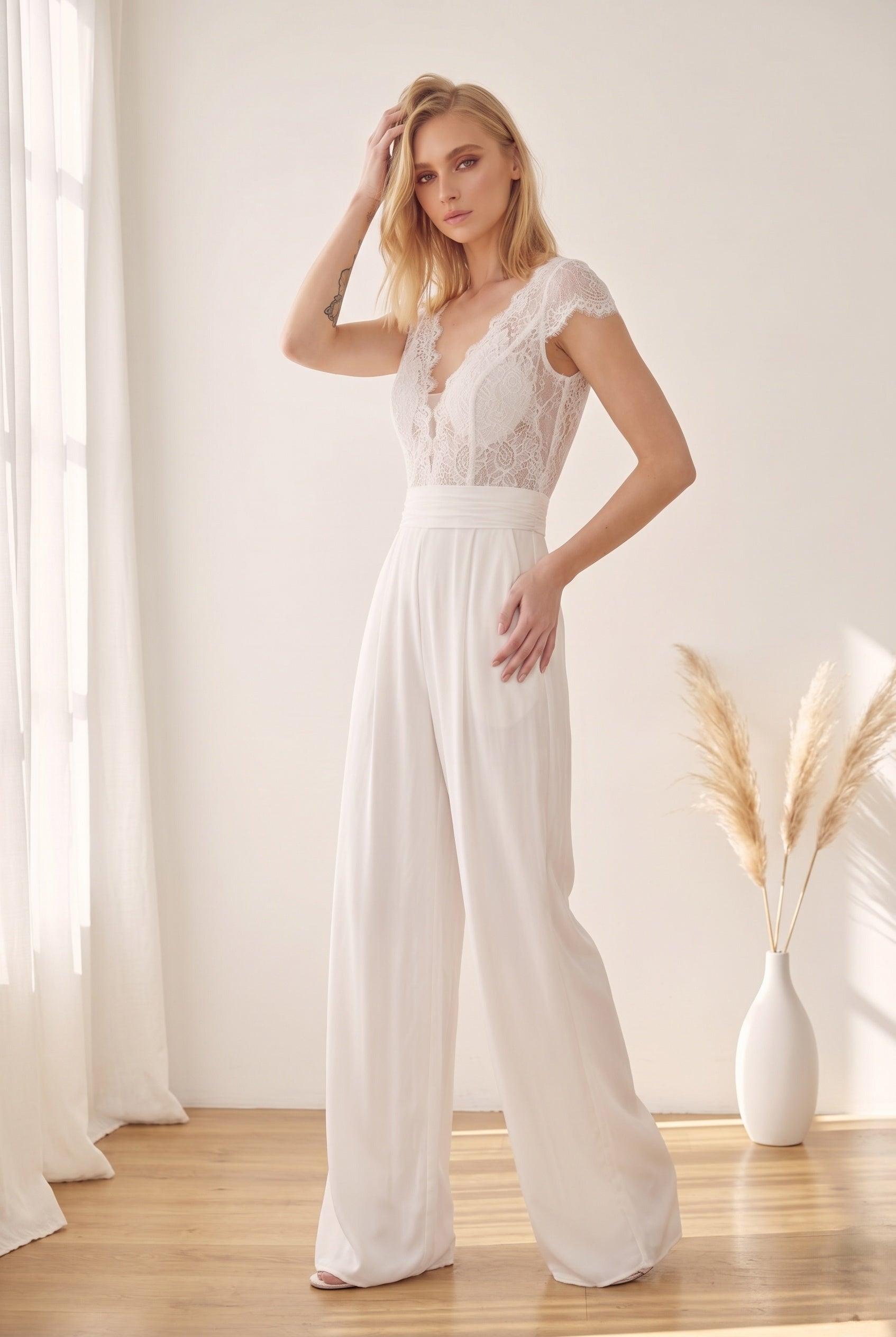 V-Neck Floor Length Lace Chiffon Wedding Jumpsuit CW3569