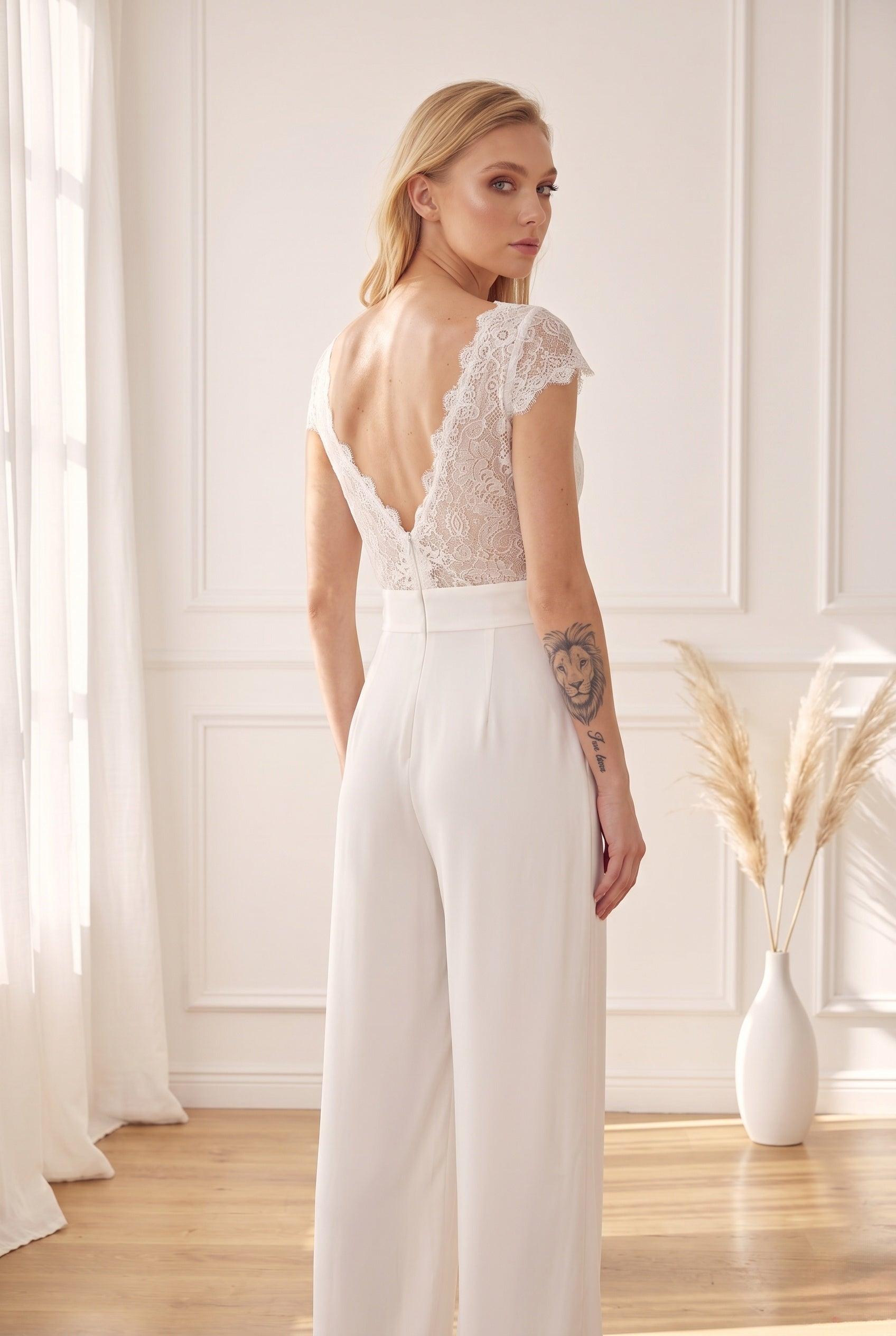V-Neck Floor Length Lace Chiffon Wedding Jumpsuit CW3569