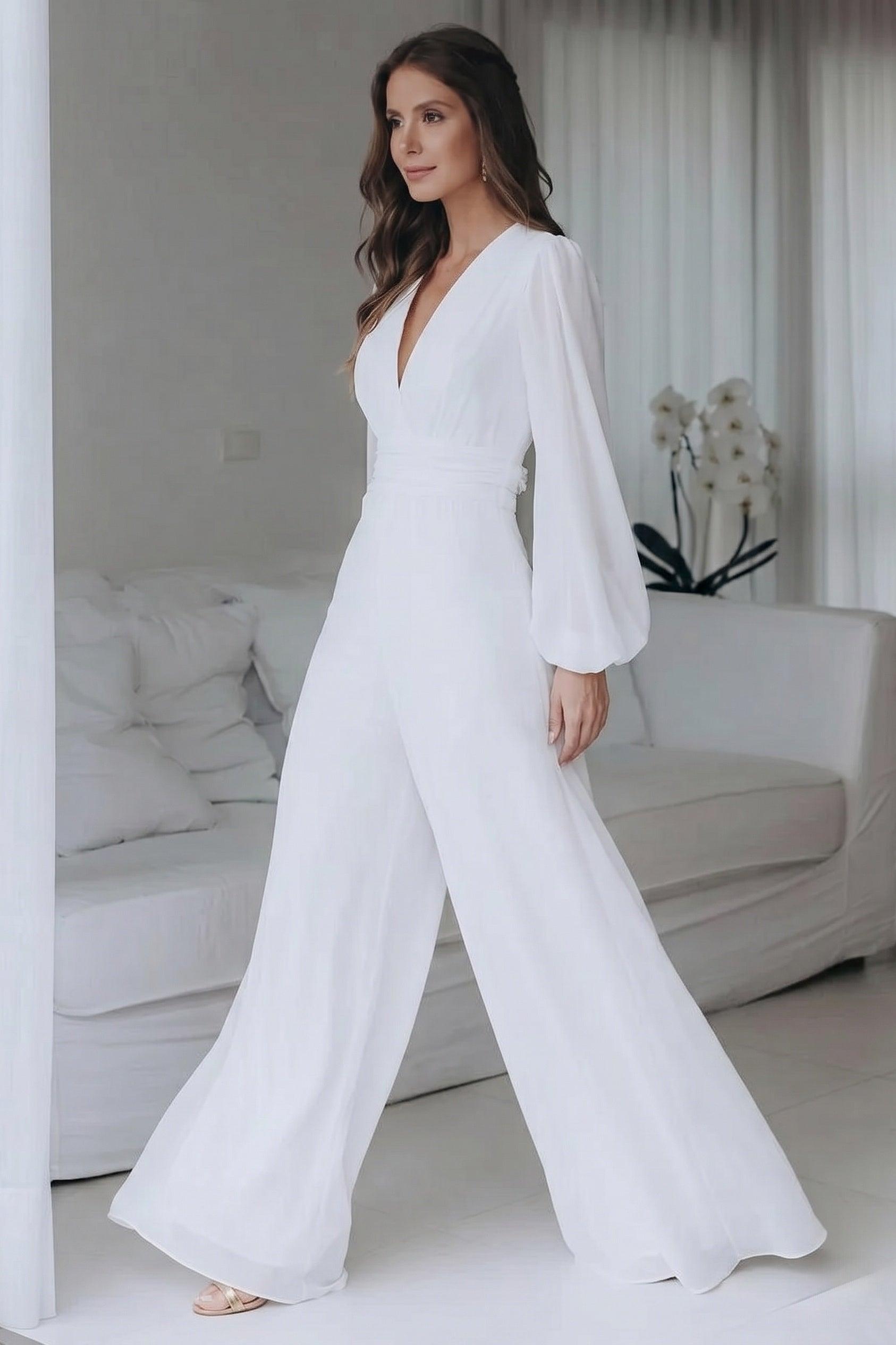 V-Neck Floor Length Chiffon Wedding Jumpsuit CW3573