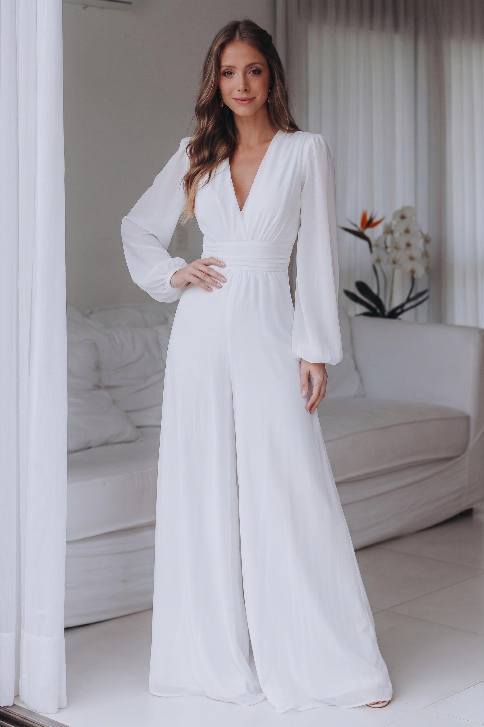 V-Neck Floor Length Chiffon Wedding Jumpsuit CW3573