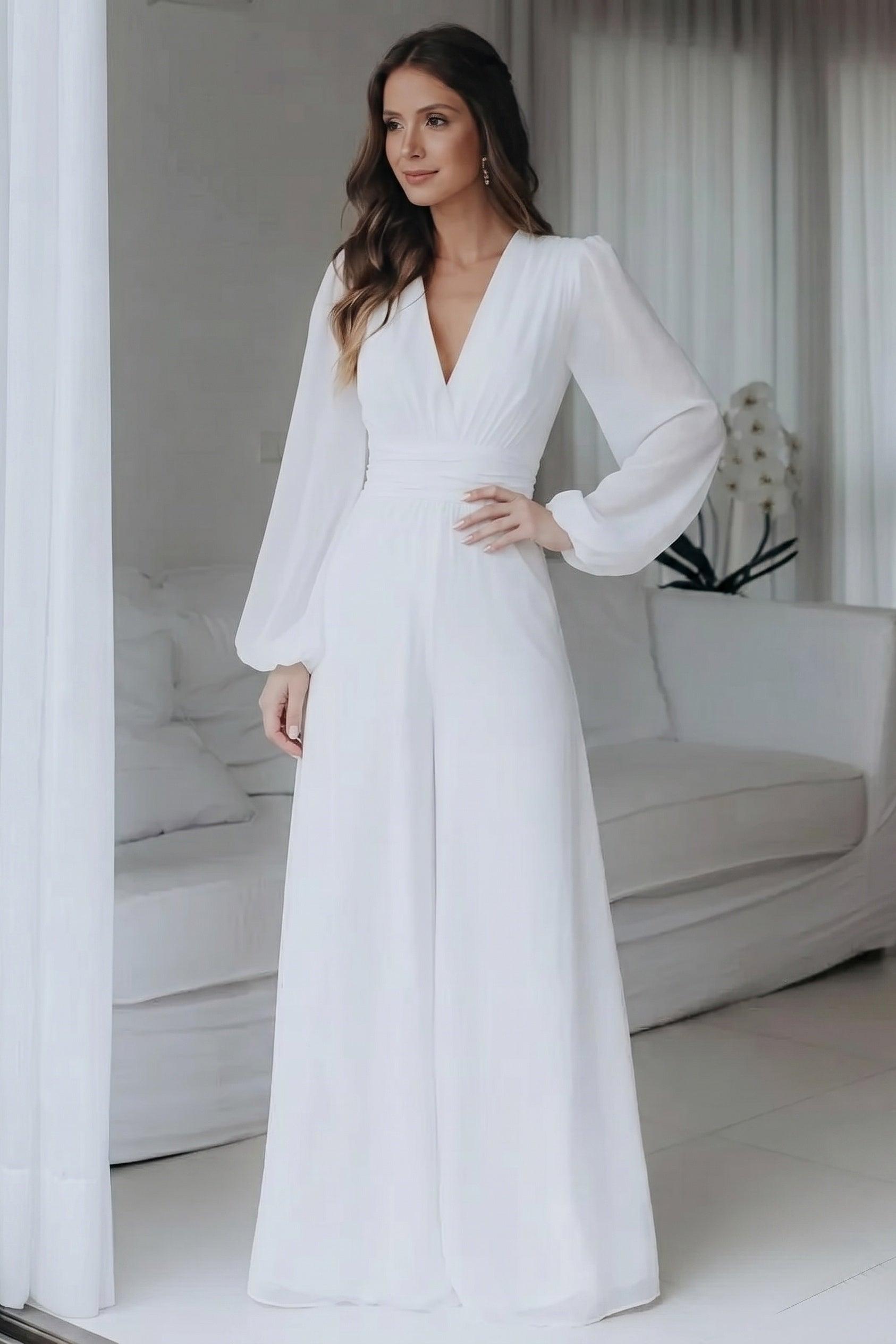 V-Neck Floor Length Chiffon Wedding Jumpsuit CW3573