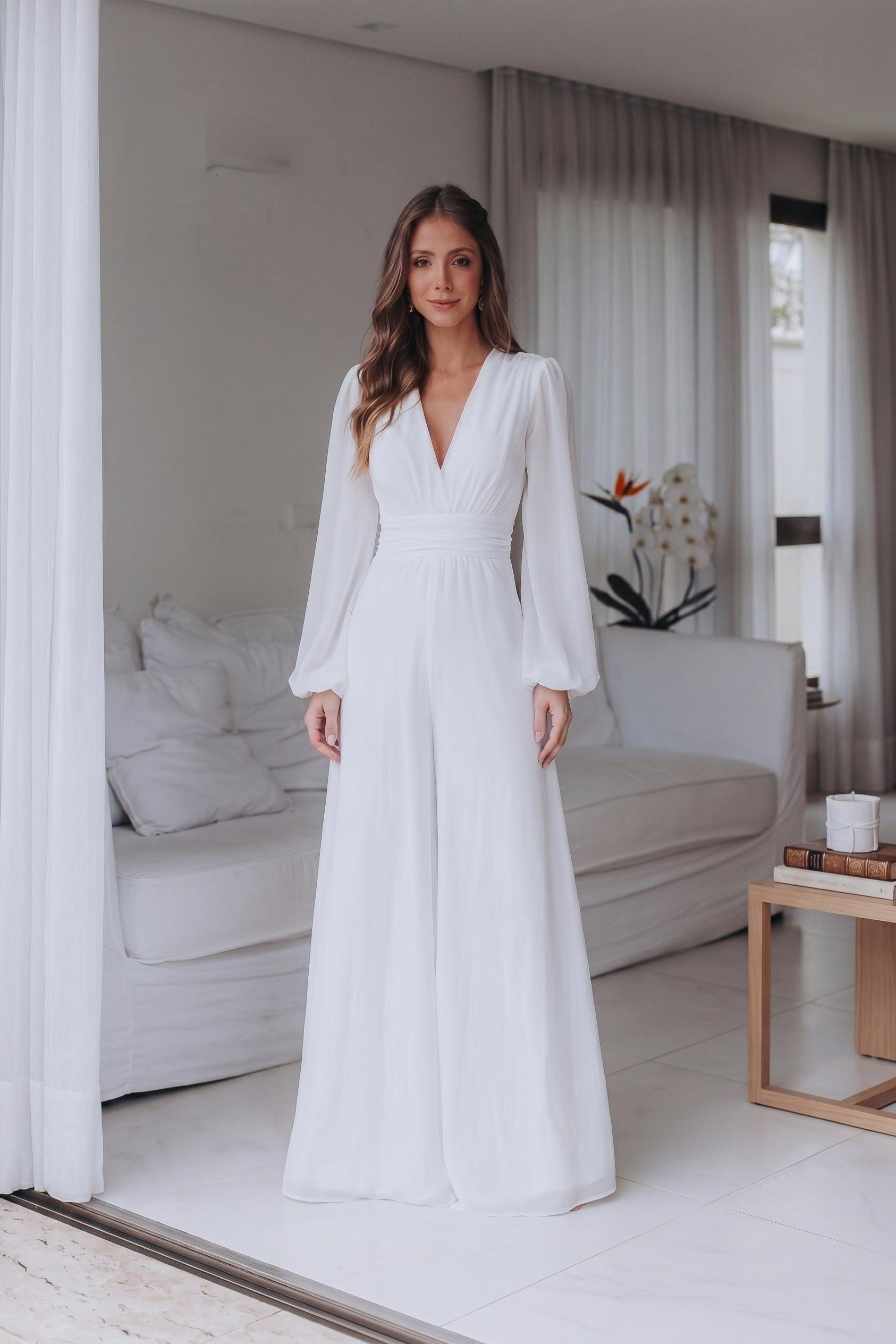V-Neck Floor Length Chiffon Wedding Jumpsuit CW3573