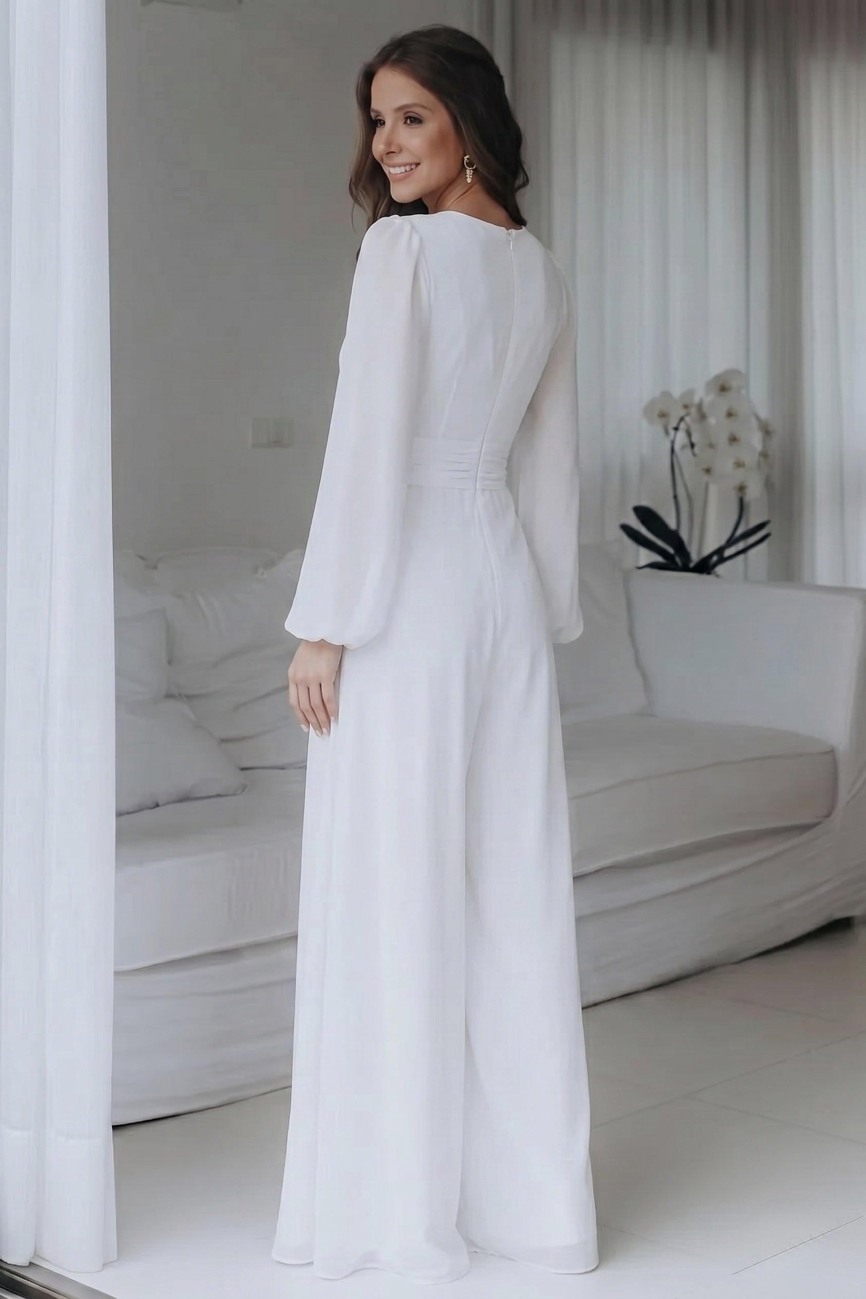 V-Neck Floor Length Chiffon Wedding Jumpsuit CW3573