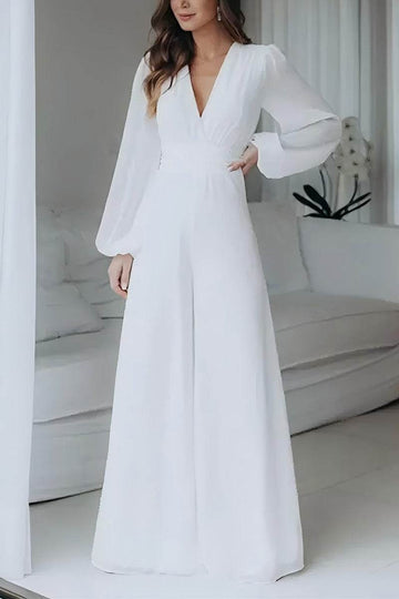 V-Neck Floor Length Chiffon Wedding Jumpsuit CW3573