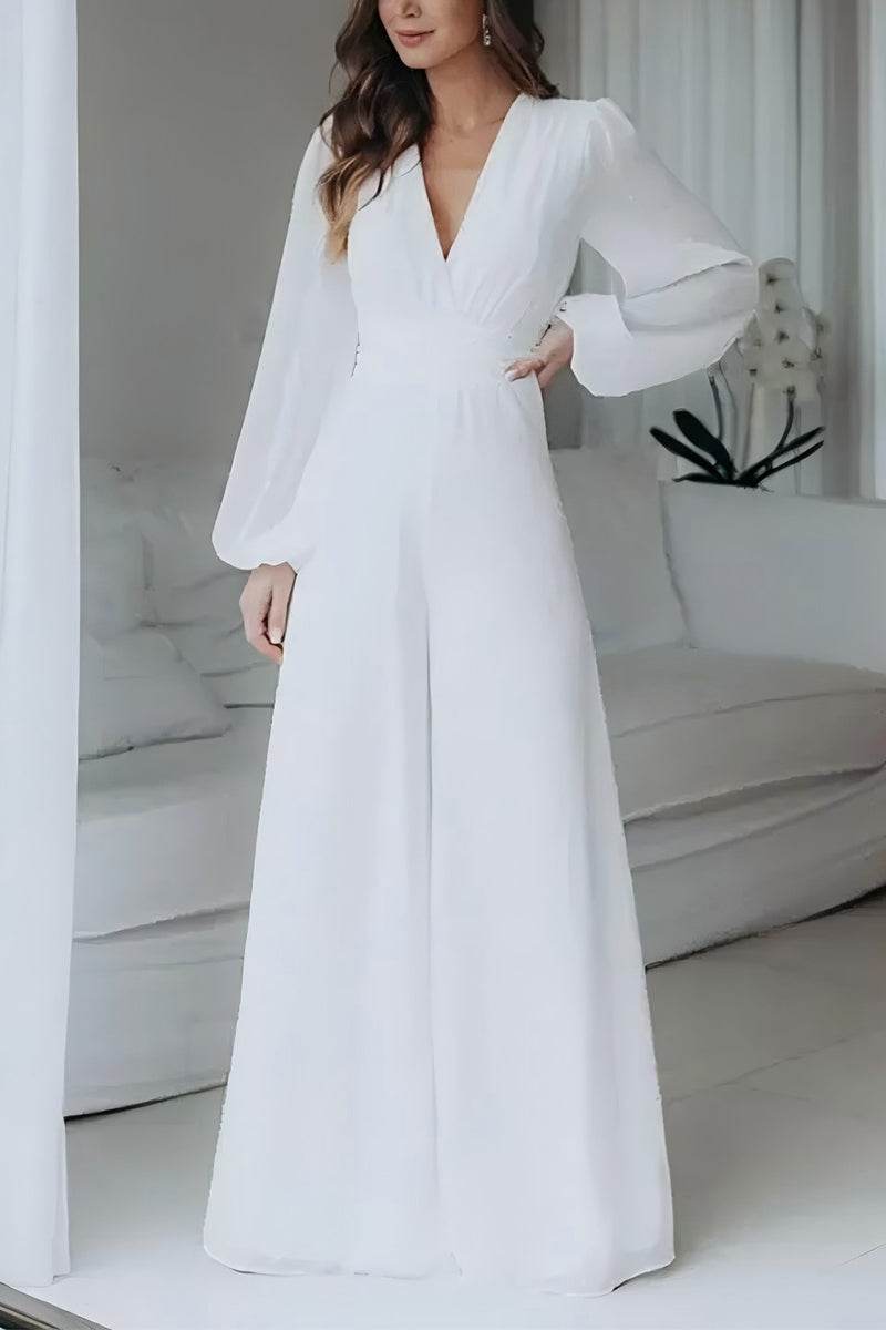 V-Neck Floor Length Chiffon Wedding Jumpsuit CW3573