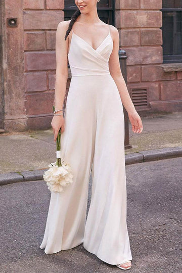 V-Neck Floor Length Chiffon Wedding Jumpsuit CW3576