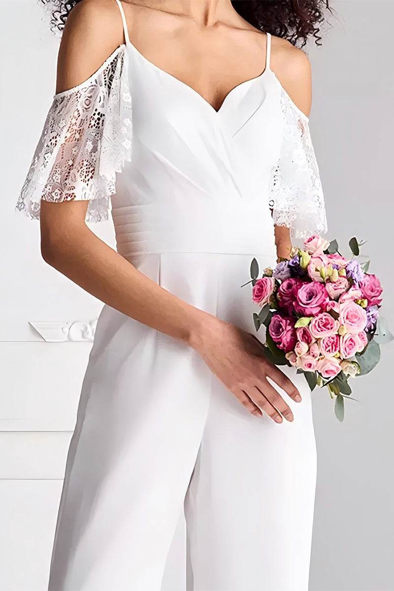 V-Neck Floor Length Lace Chiffon Wedding Jumpsuit CW3578