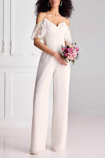 V-Neck Floor Length Lace Chiffon Wedding Jumpsuit CW3578