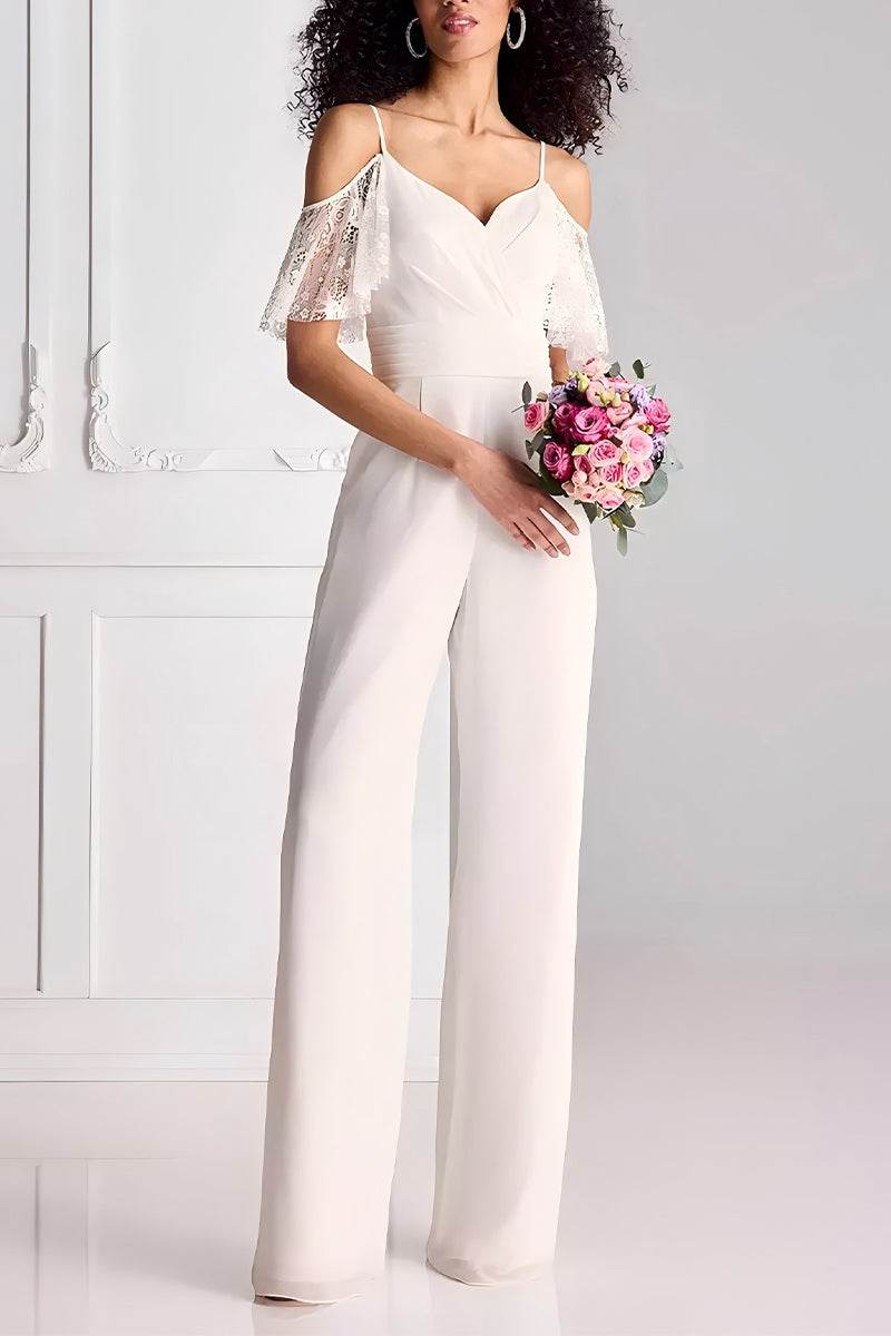 V-Neck Floor Length Lace Chiffon Wedding Jumpsuit CW3578