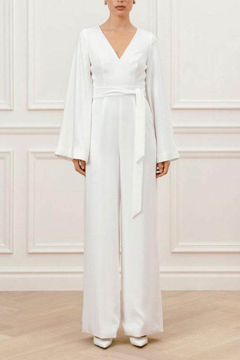 V-Neck Floor Length Chiffon Wedding Jumpsuit CW3580