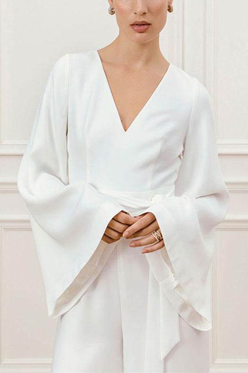 V-Neck Floor Length Chiffon Wedding Jumpsuit CW3580