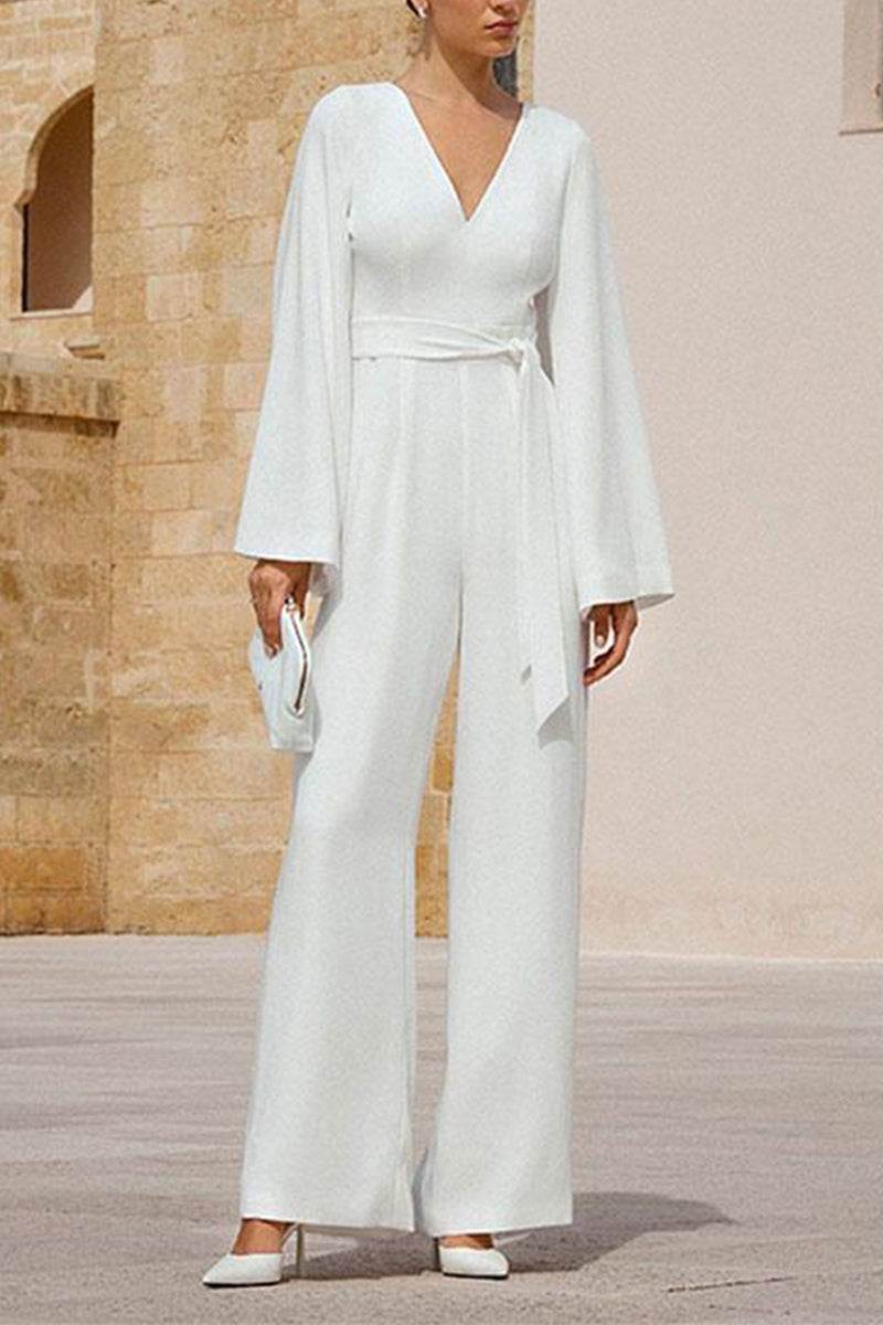 V-Neck Floor Length Chiffon Wedding Jumpsuit CW3580