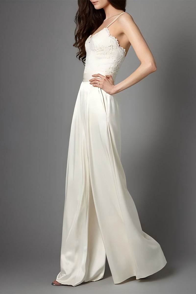 V-Neck Floor Length Silk-Like Wedding Jumpsuit CW3581