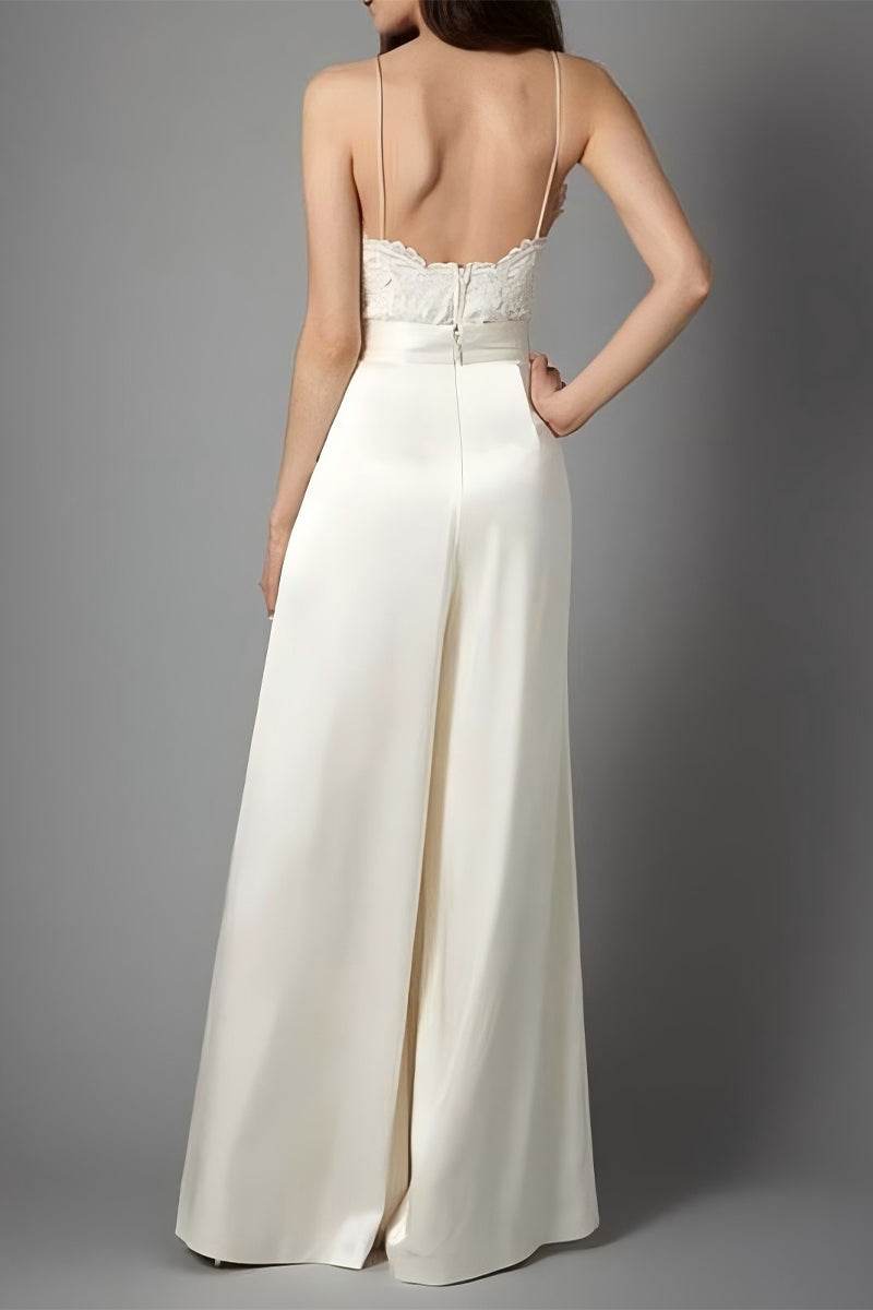V-Neck Floor Length Silk-Like Wedding Jumpsuit CW3581