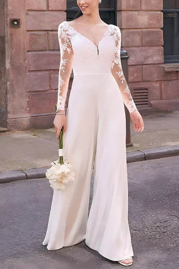 V-Neck Floor Length Chiffon Wedding Jumpsuit CW3582