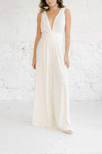 V-Neck Floor Length Chiffon Wedding Jumpsuit CW3585