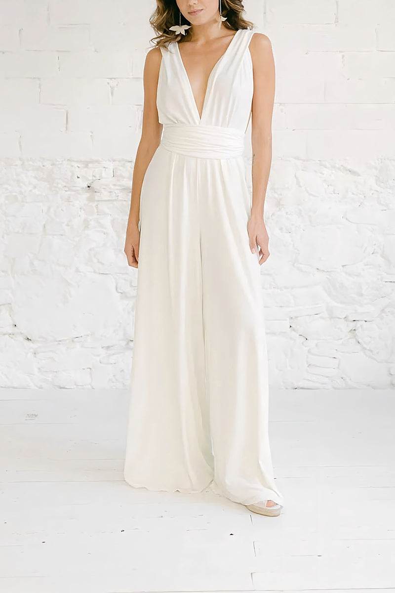 V-Neck Floor Length Chiffon Wedding Jumpsuit CW3585