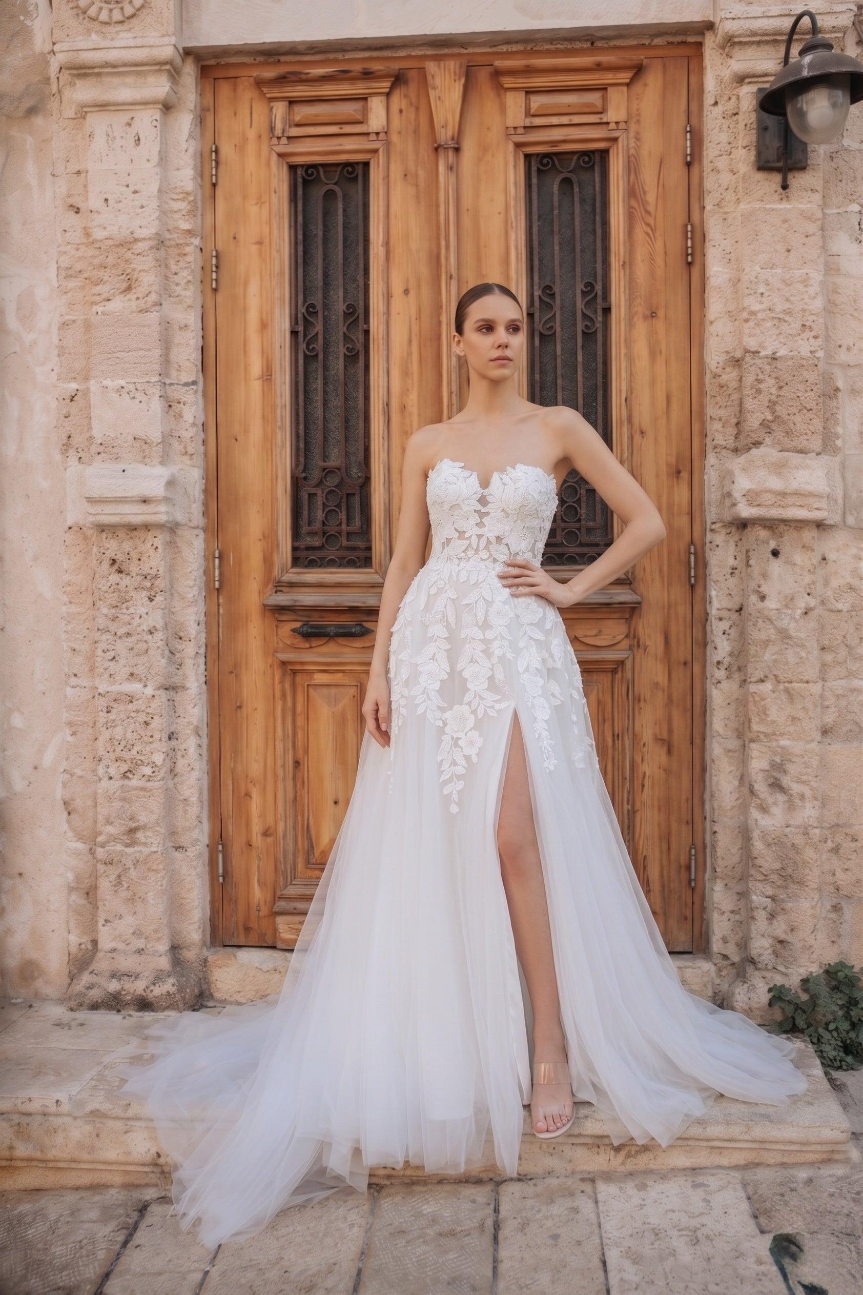 A-Line Sweep-Brush Train Tulle Wedding Dress CW3590