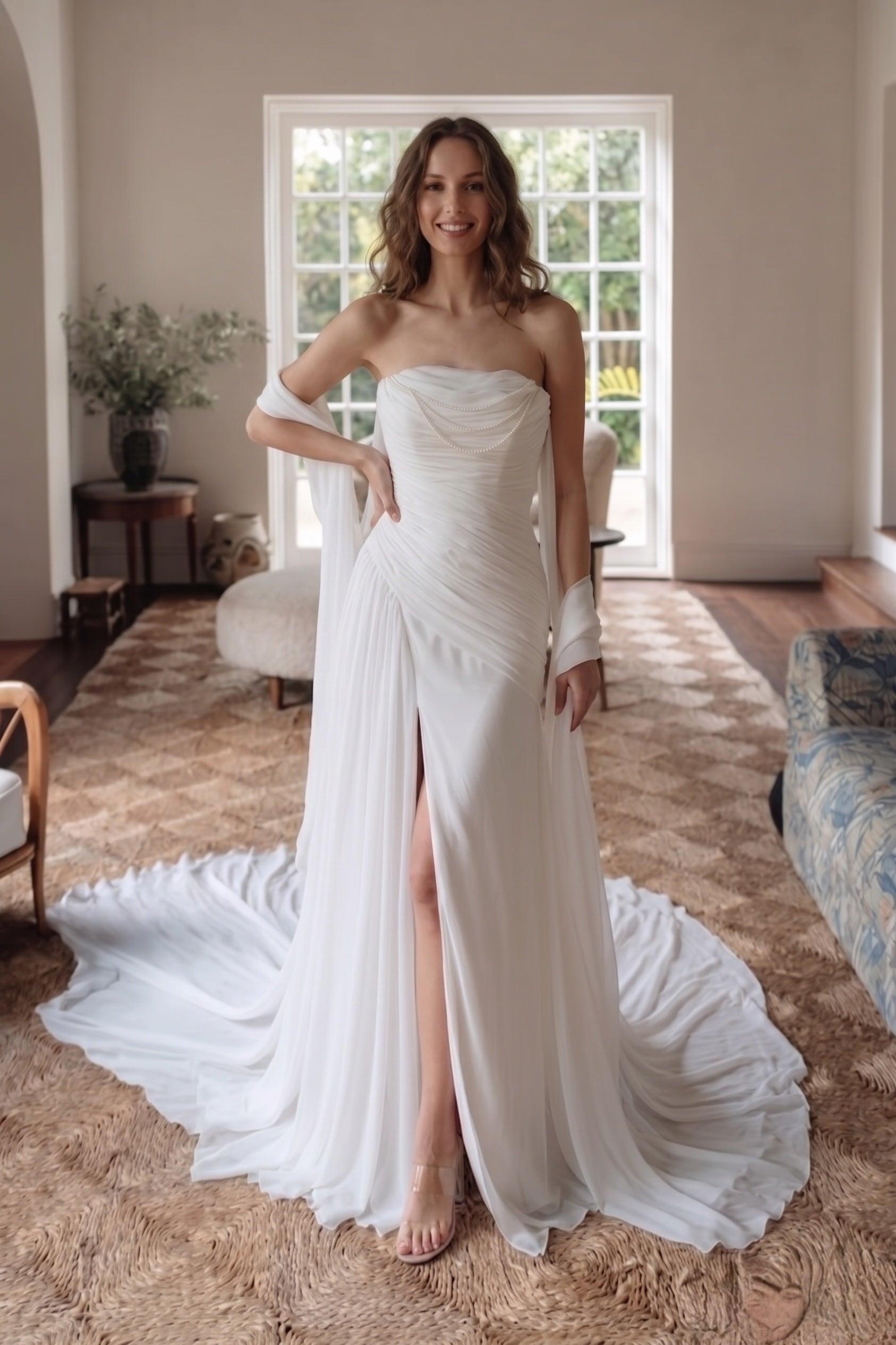 Sheath-Column Chapel Train Chiffon Wedding Dress CW3592