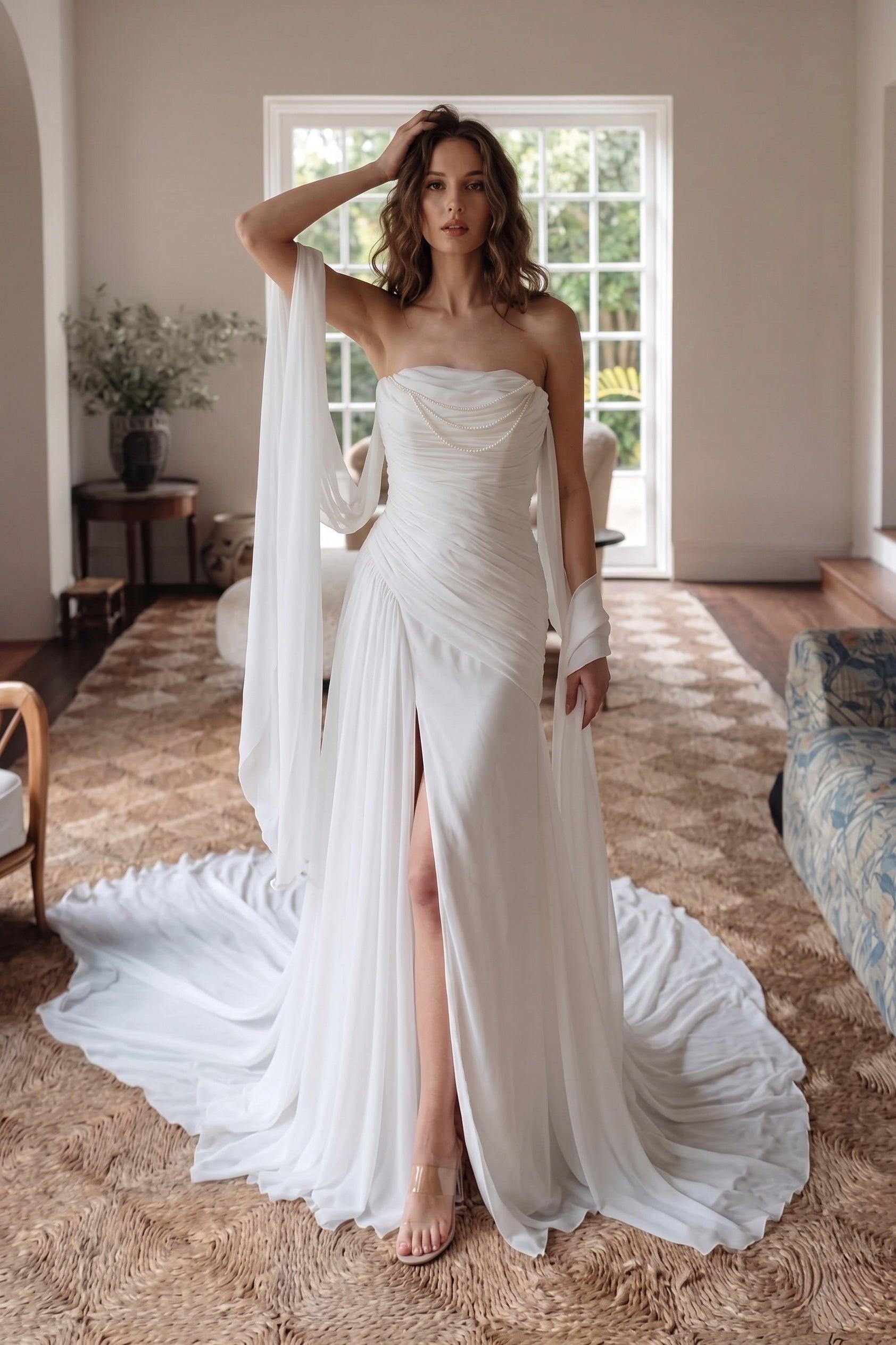 Sheath-Column Chapel Train Chiffon Wedding Dress CW3592