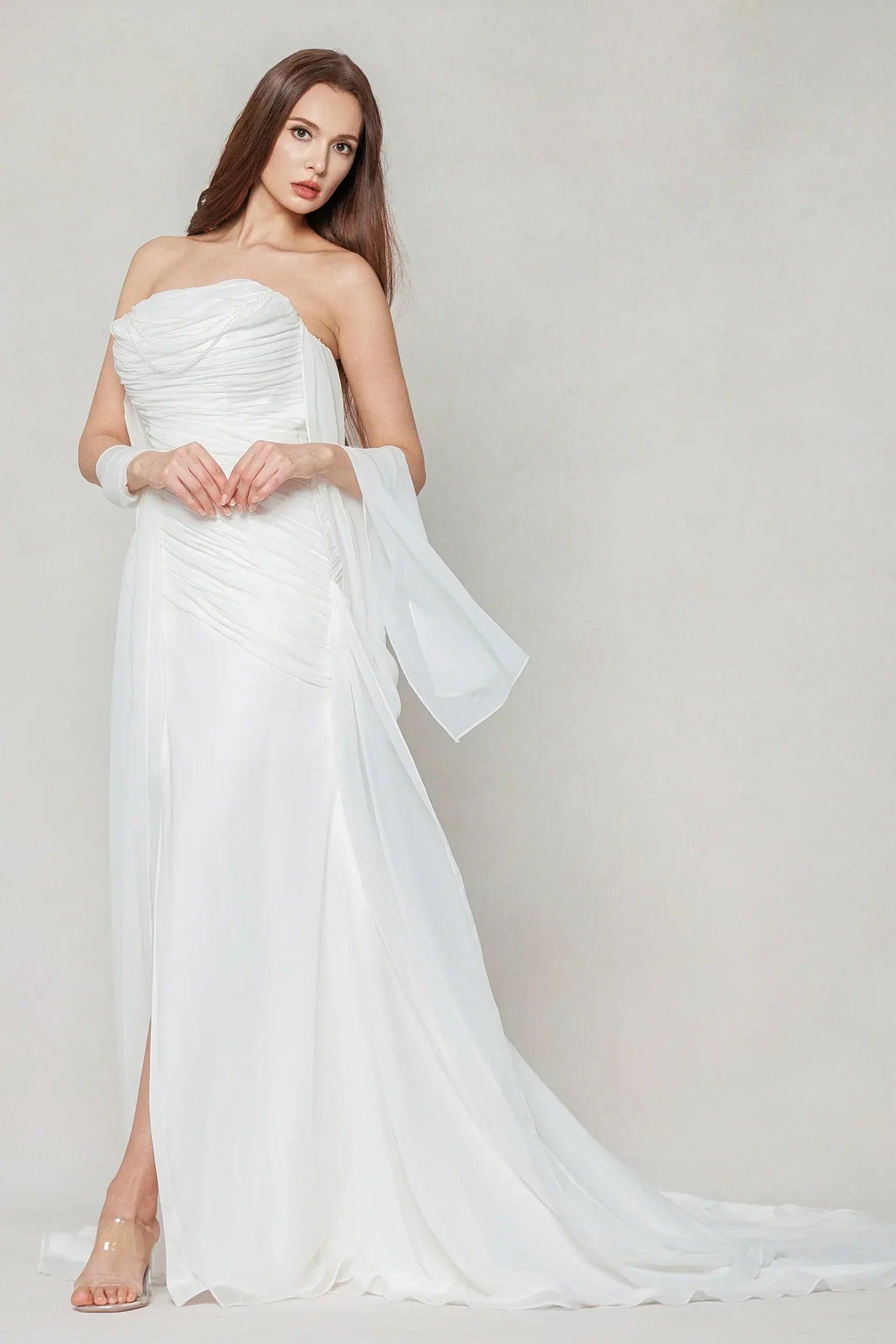 Sheath-Column Chapel Train Chiffon Wedding Dress CW3592