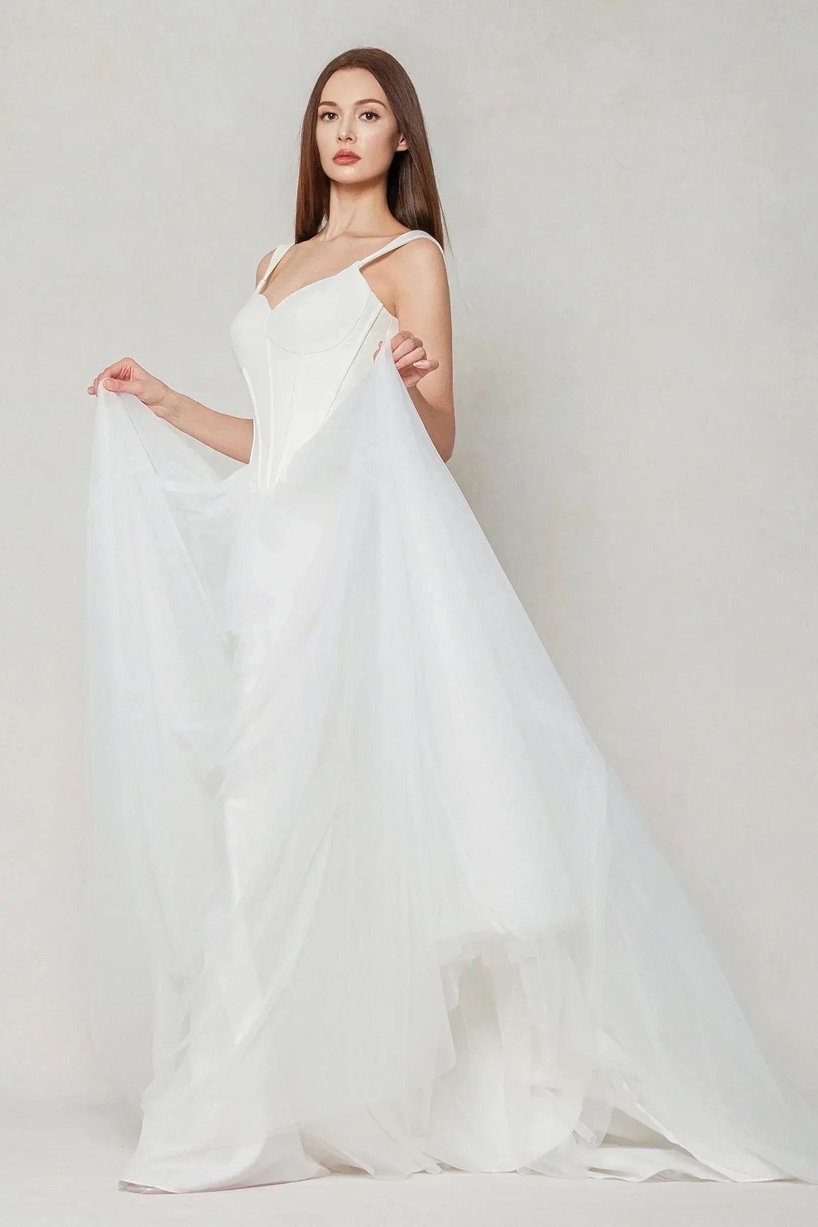 A-Line Sweep-Brush Train Stretch Satin Tulle Wedding Dress CW3595