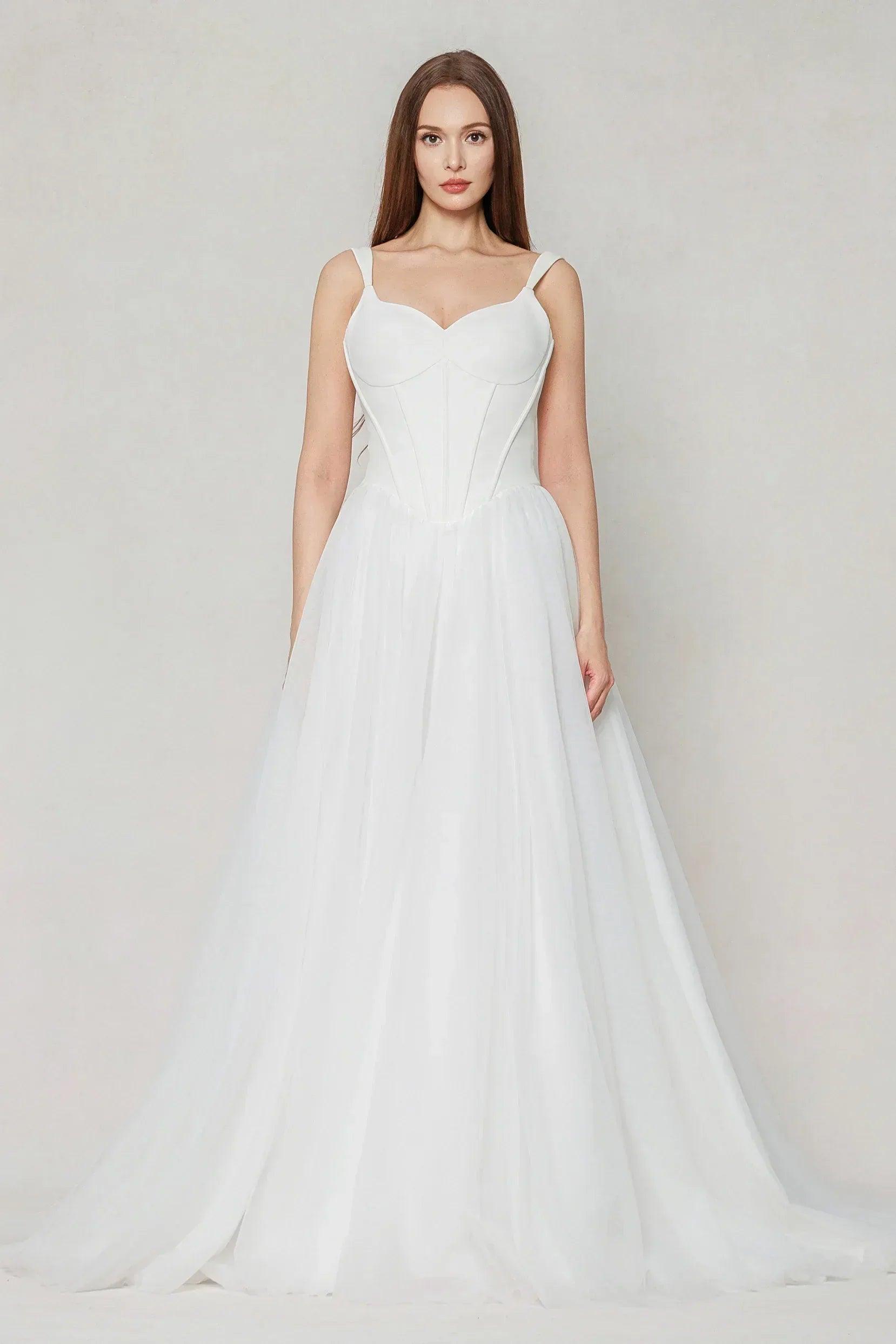 A-Line Sweep-Brush Train Stretch Satin Tulle Wedding Dress CW3595