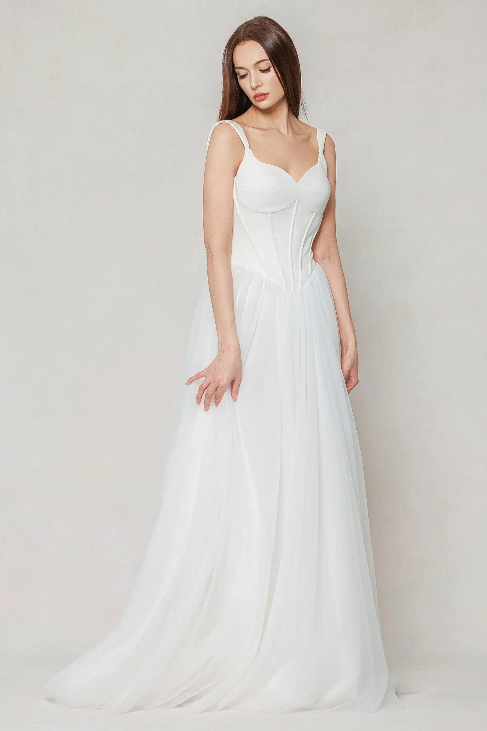 A-Line Sweep-Brush Train Stretch Satin Tulle Wedding Dress CW3595