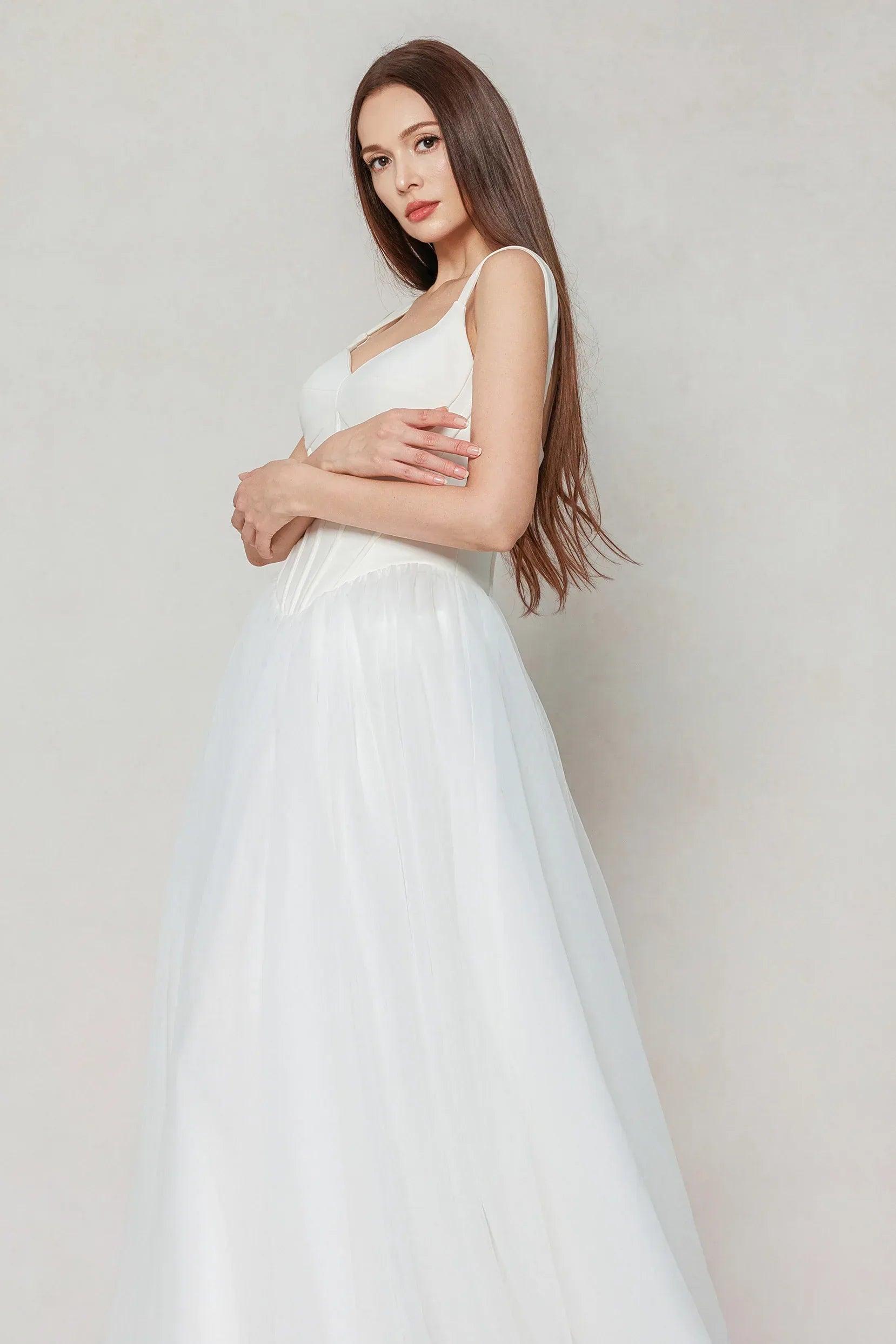 A-Line Sweep-Brush Train Stretch Satin Tulle Wedding Dress CW3595